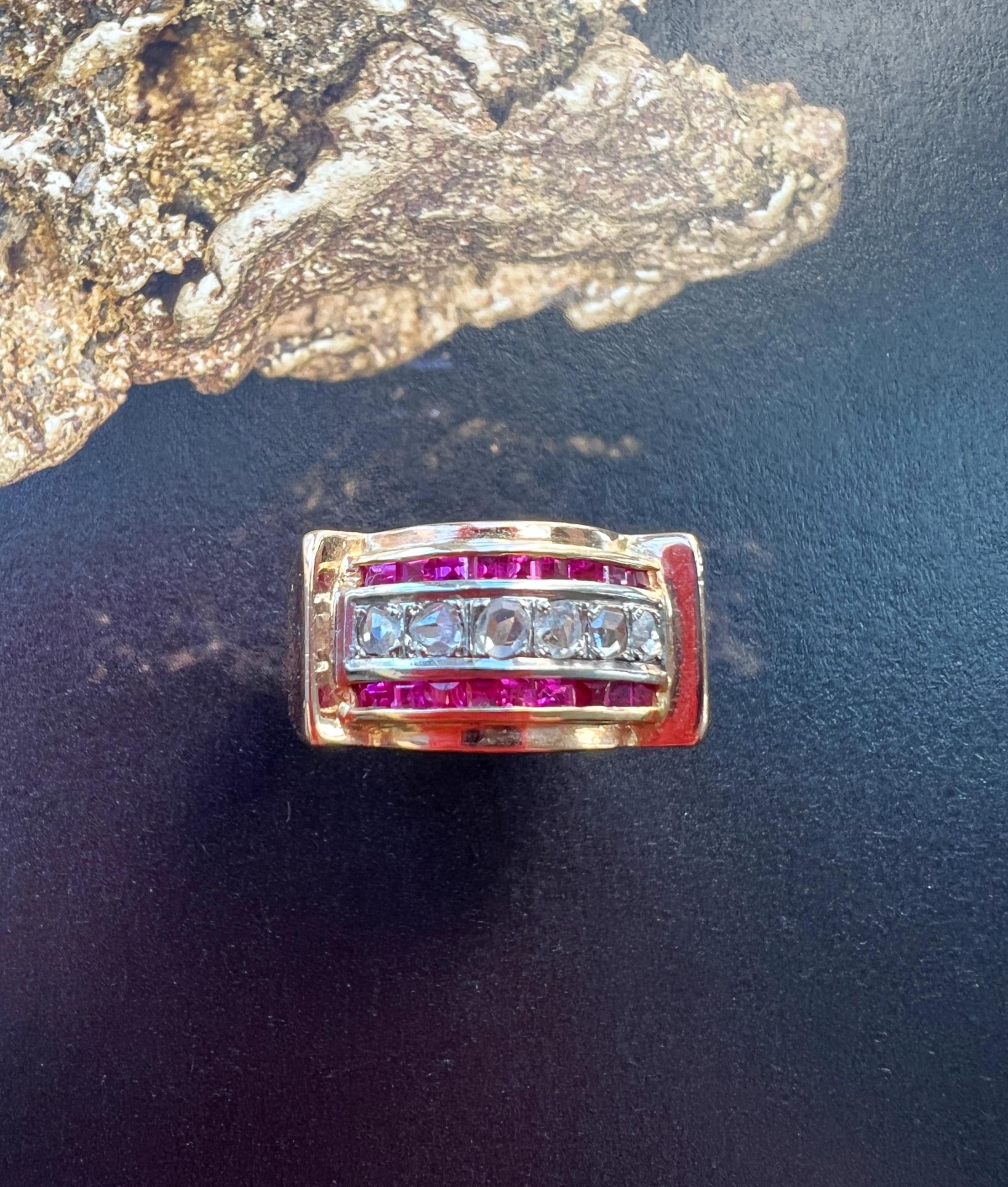 Rose Cut French Vintage Diamond and Ruby 18K Gold Tank Ring For Sale