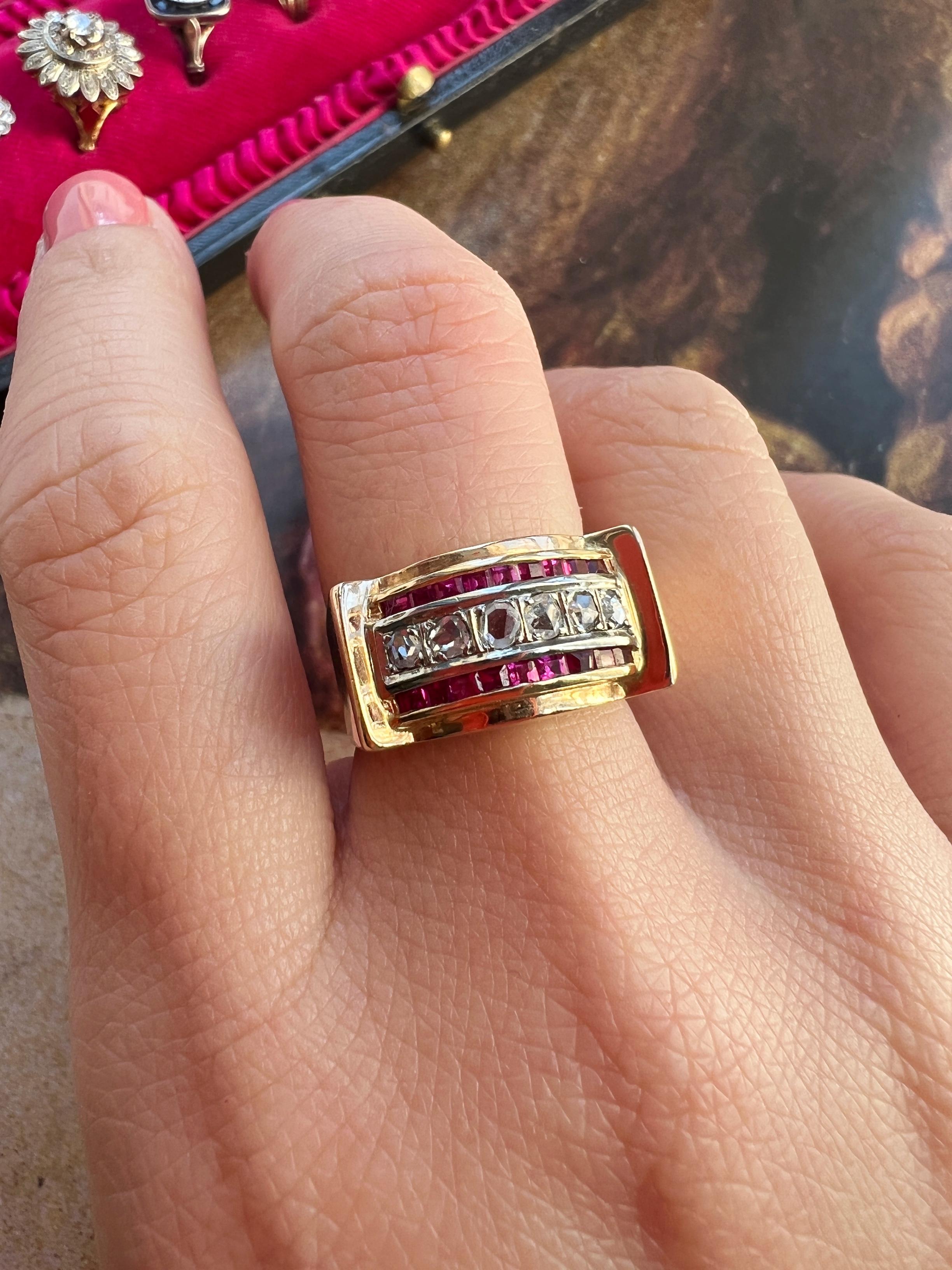 French Vintage Diamond and Ruby 18K Gold Tank Ring 1