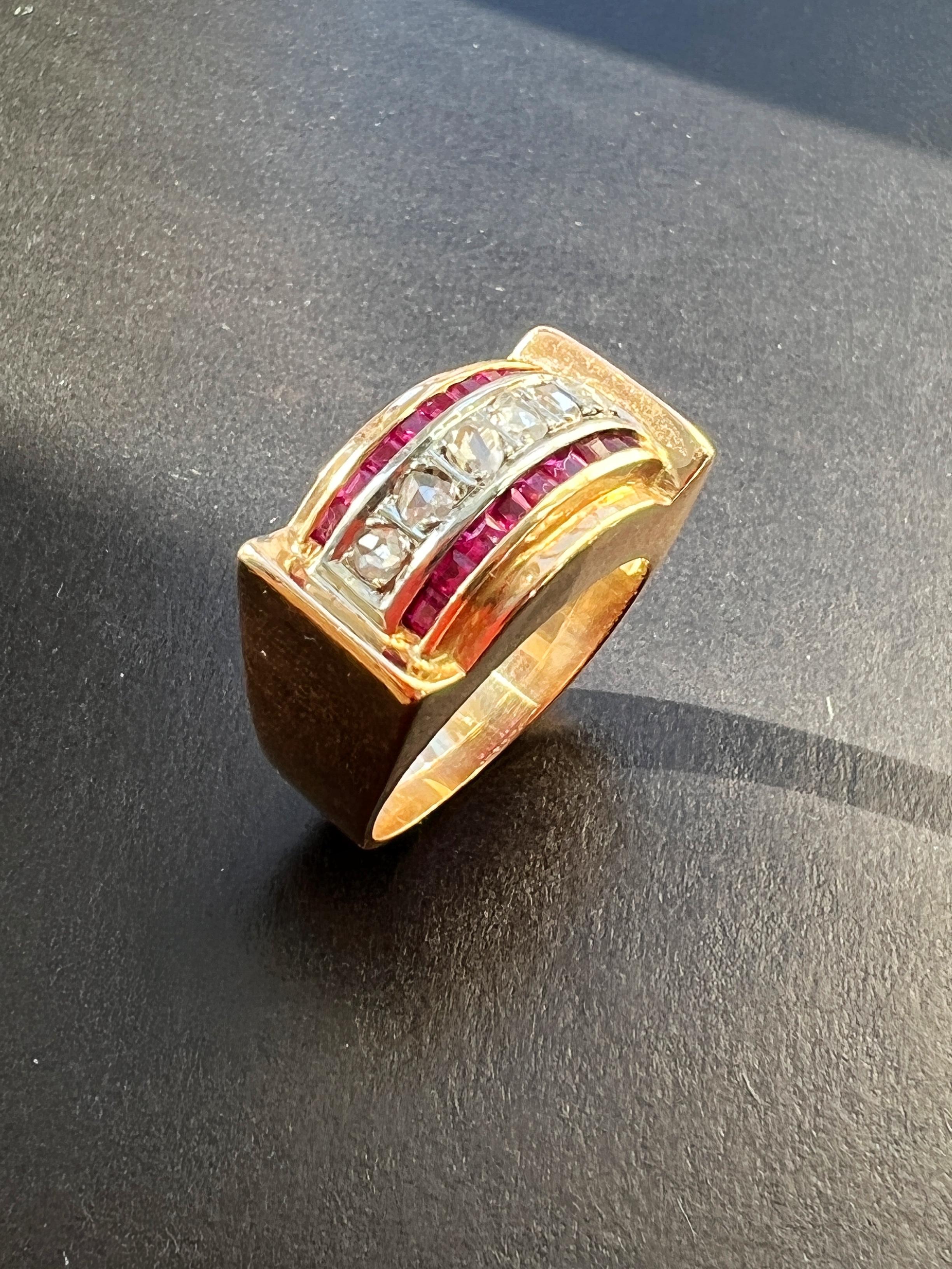 French Vintage Diamond and Ruby 18K Gold Tank Ring 2