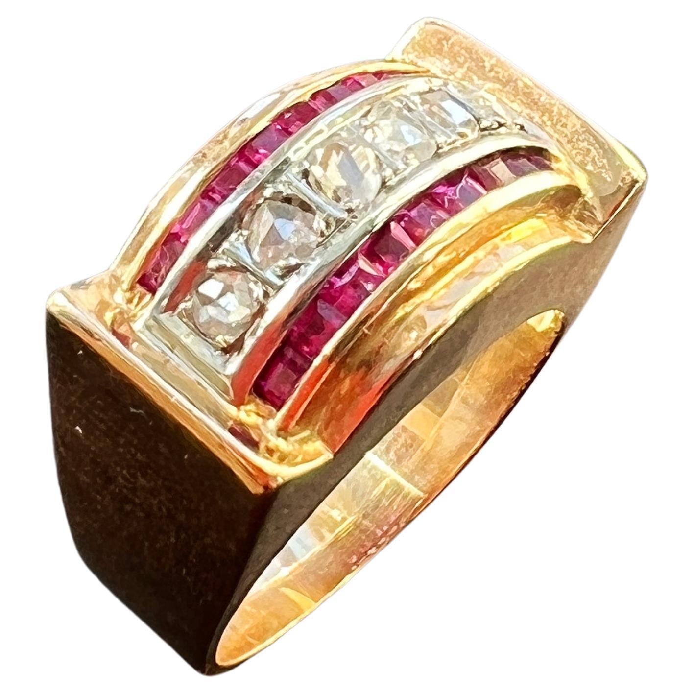 French Vintage Diamond and Ruby 18K Gold Tank Ring For Sale