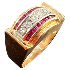French Retro Diamond and Ruby 18K Gold Tank Ring