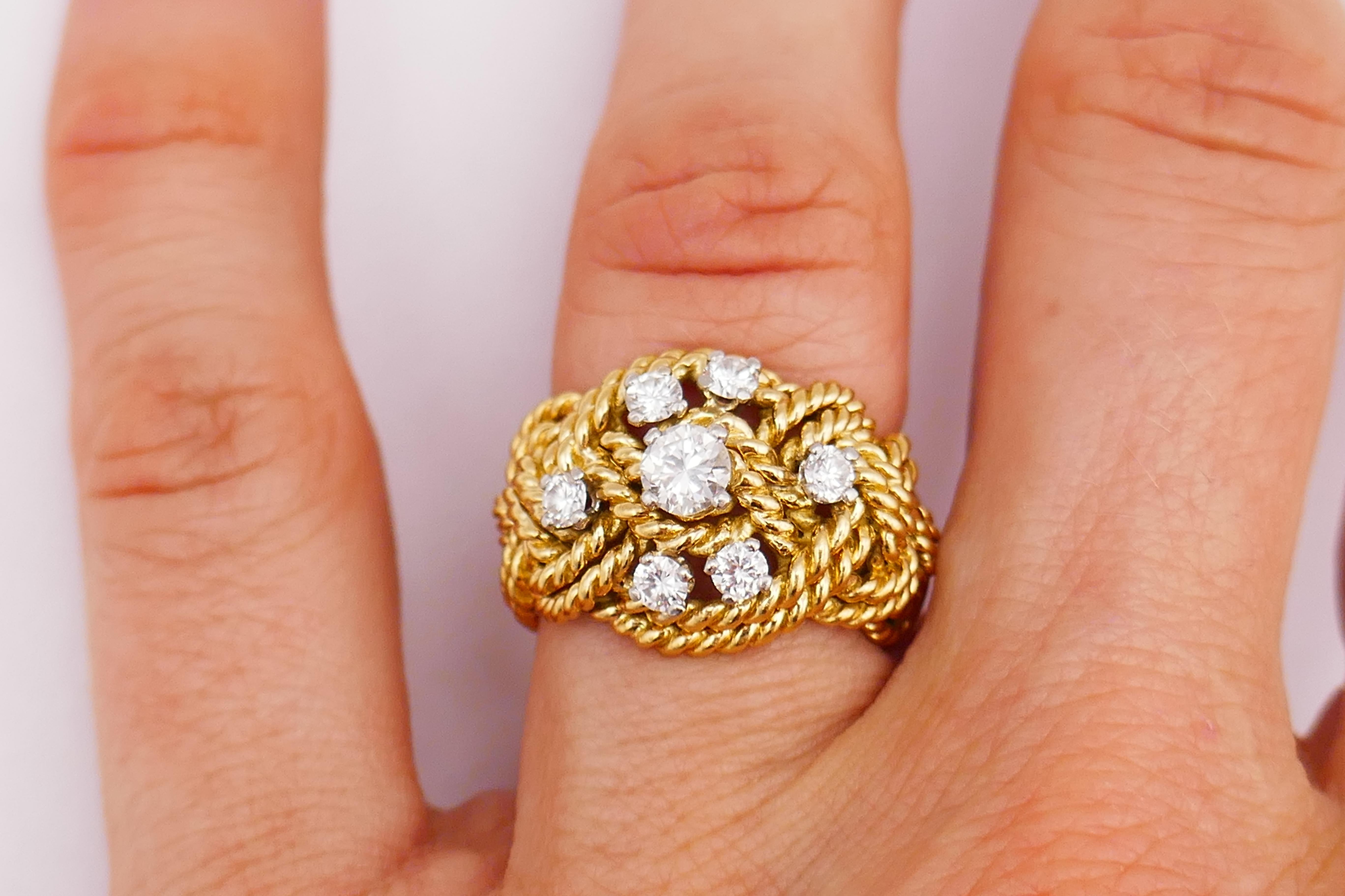 Gold geflochtener Seilring im Vintage-Stil mit Diamanten (Rundschliff)