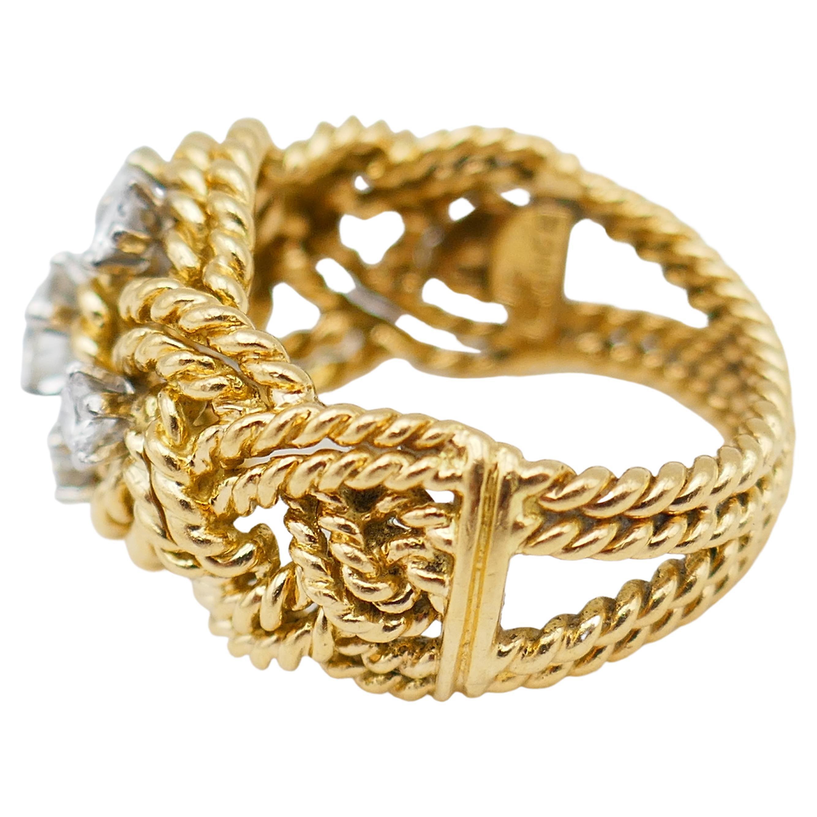 Gold geflochtener Seilring im Vintage-Stil mit Diamanten für Damen oder Herren