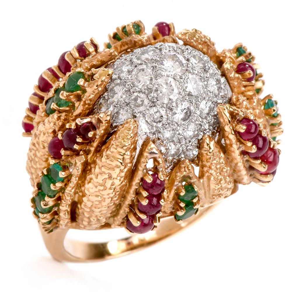 Women's French Vintage Diamond Ruby Emerald Dome Platinum Gold Cocktail Ring