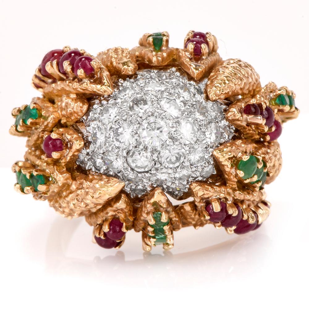French Vintage Diamond Ruby Emerald Dome Platinum Gold Cocktail Ring 1