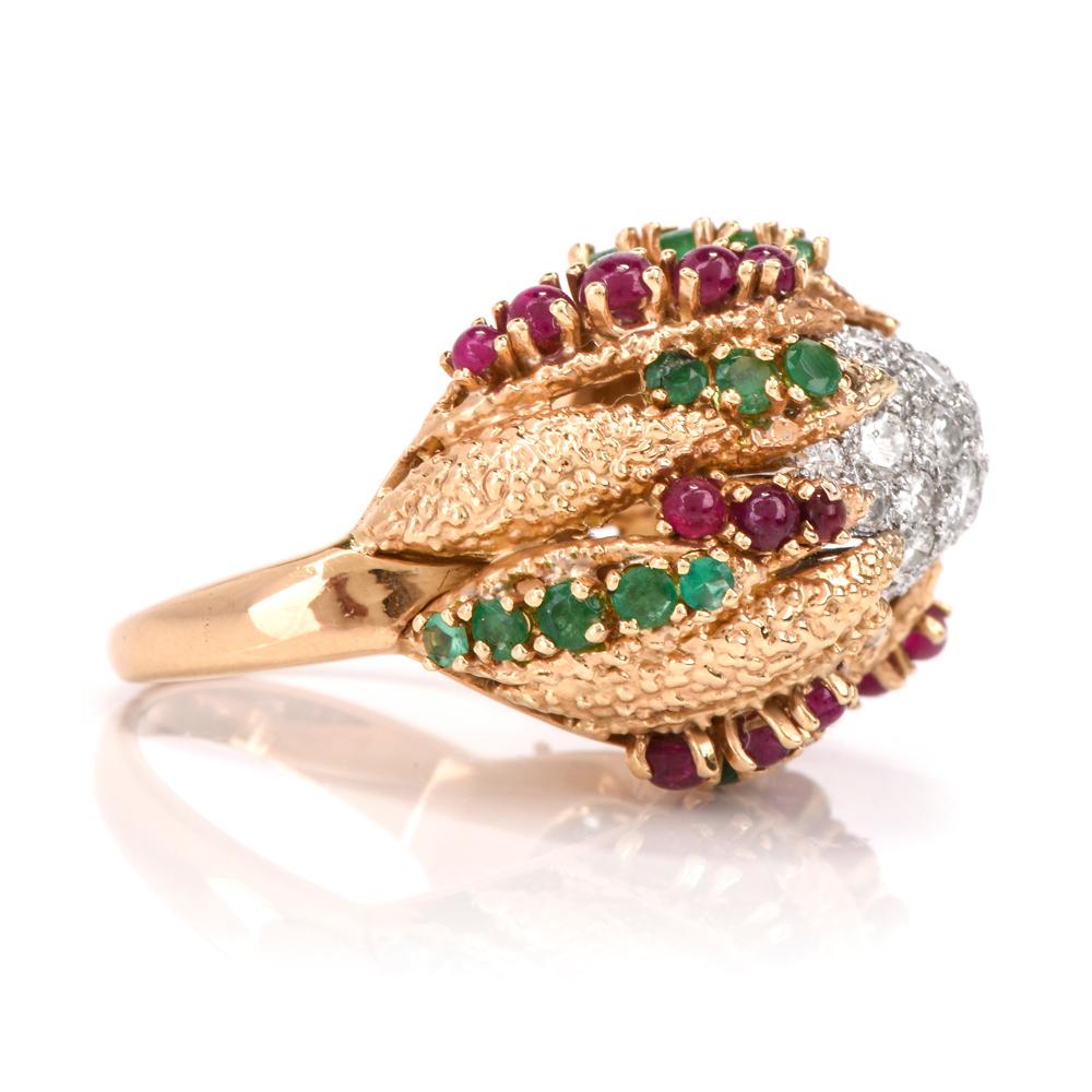 French Vintage Diamond Ruby Emerald Dome Platinum Gold Cocktail Ring 2