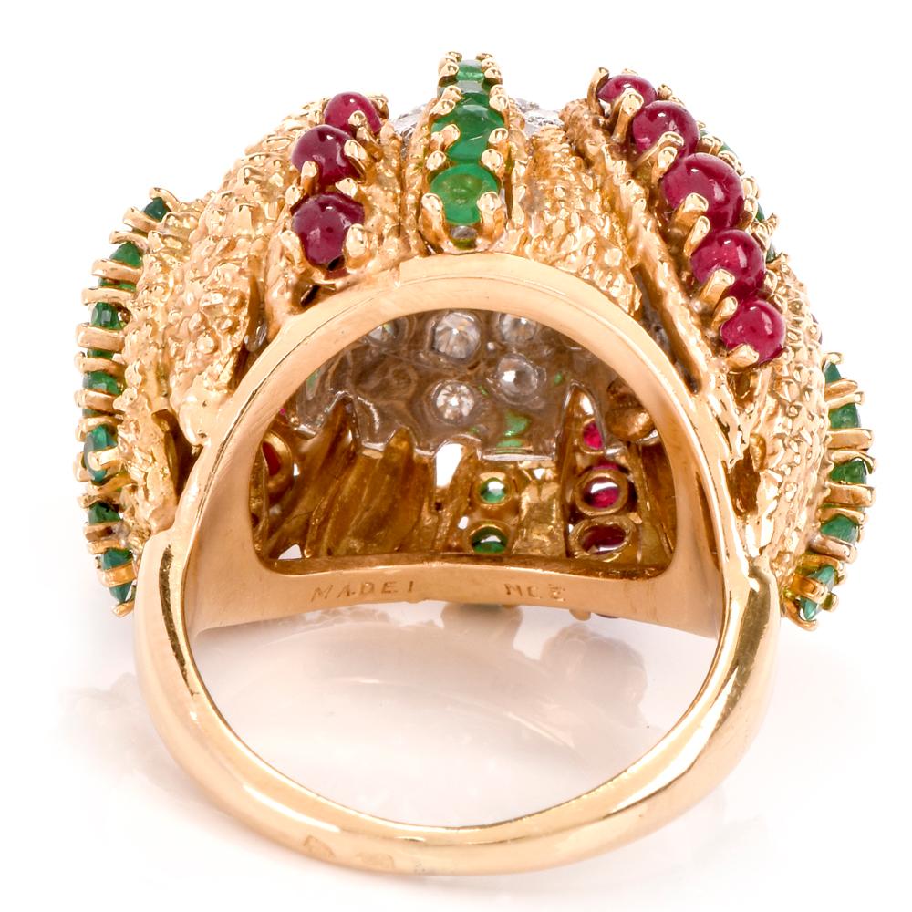 French Vintage Diamond Ruby Emerald Dome Platinum Gold Cocktail Ring 3