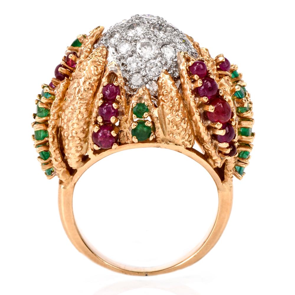 French Vintage Diamond Ruby Emerald Dome Platinum Gold Cocktail Ring