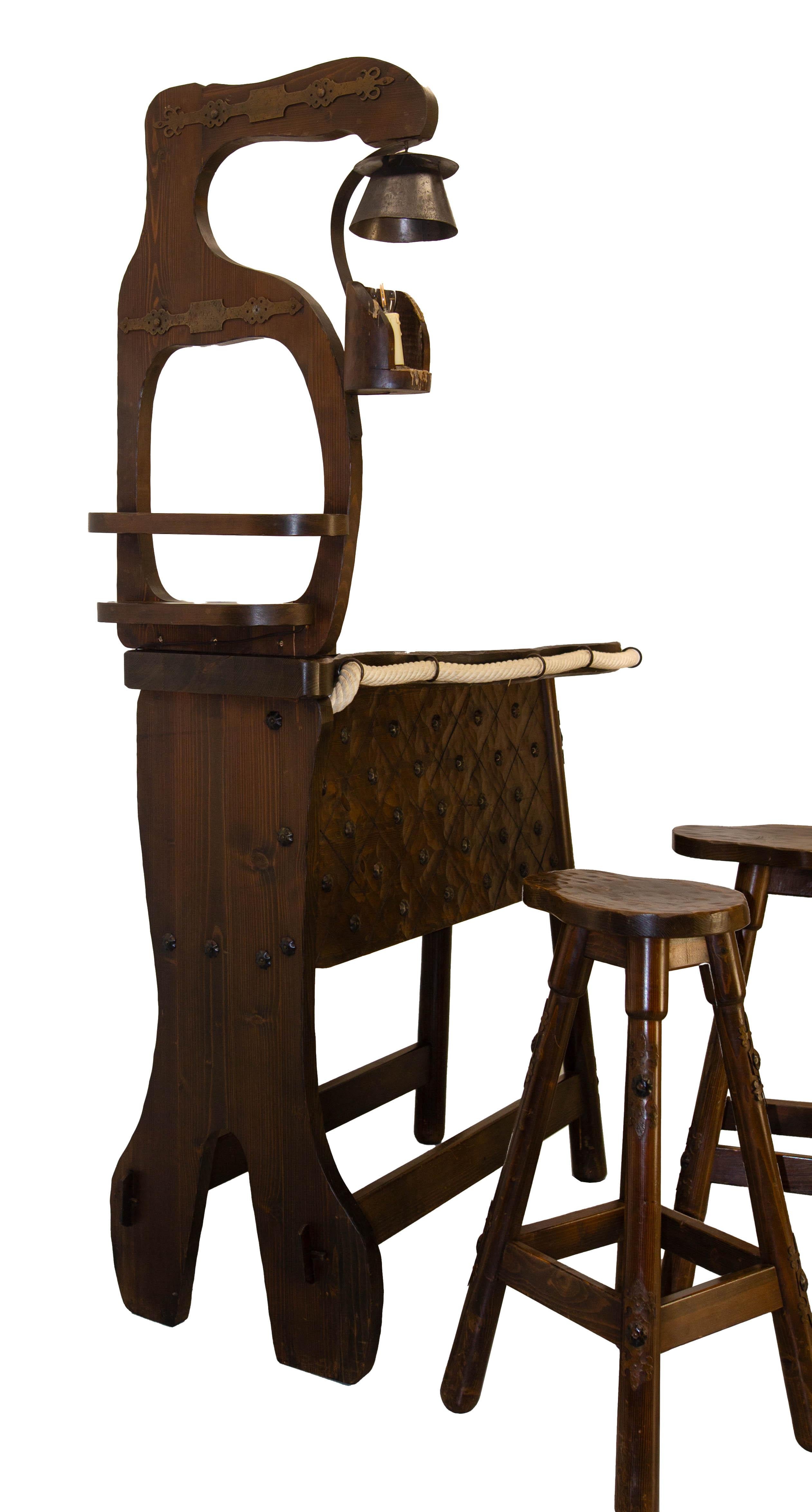 French Vintage Dry Bar Counter Spanish Style Pine Rope & Studs Two Stools c 1960 For Sale 6