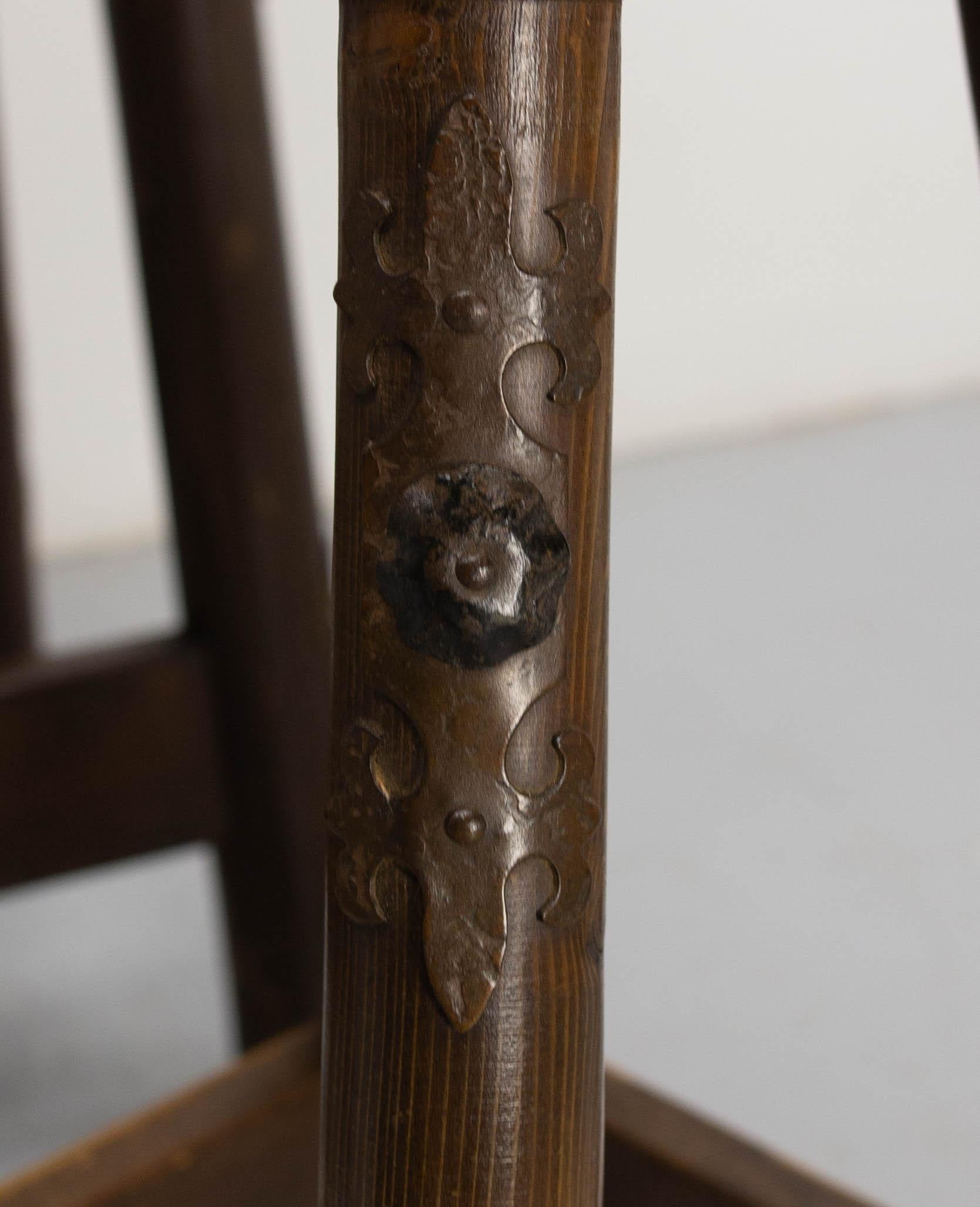 French Vintage Dry Bar Counter Spanish Style Pine Rope & Studs Two Stools c 1960 For Sale 7