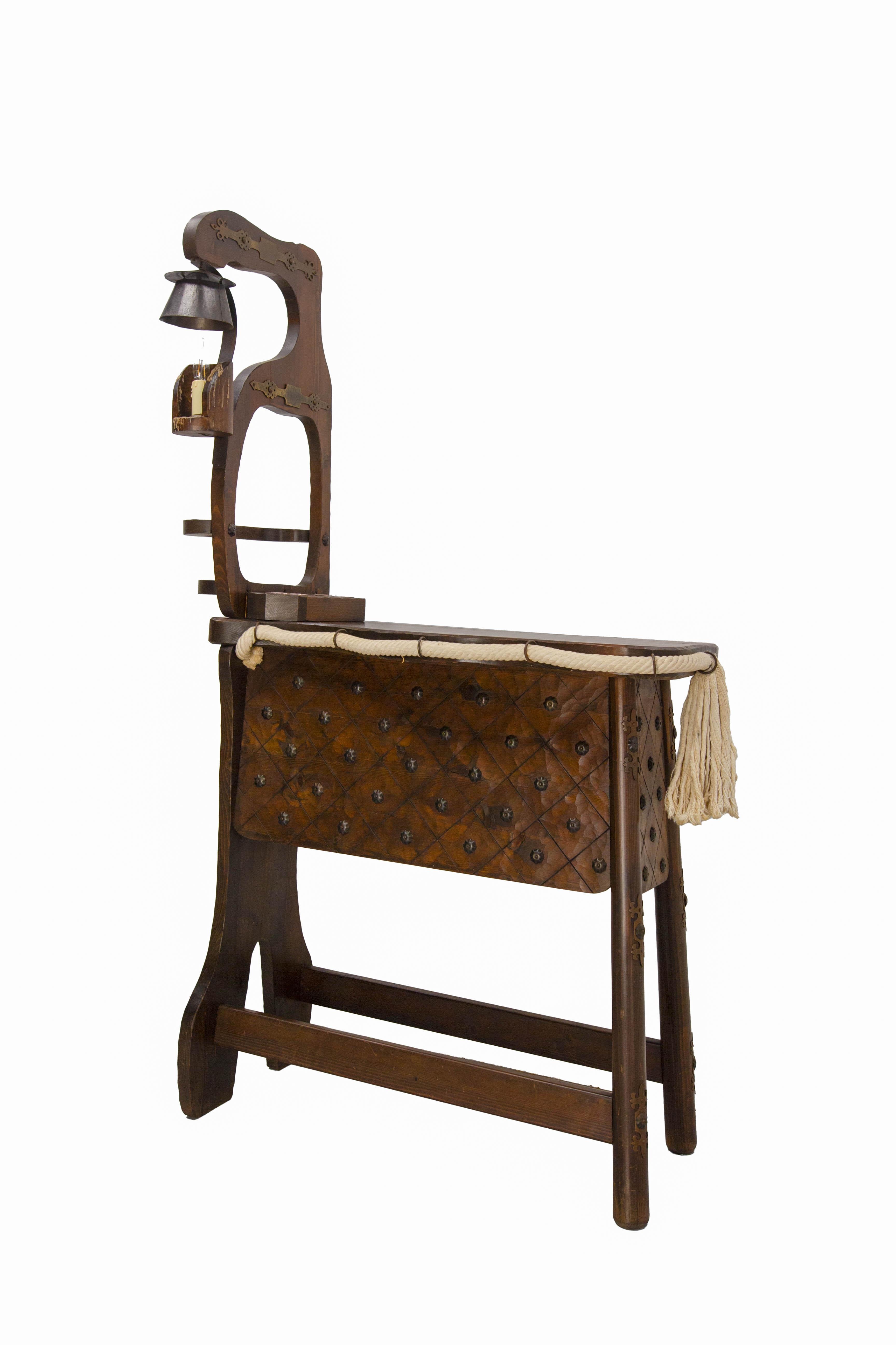 French Vintage Dry Bar Counter Spanish Style Pine Rope & Studs Two Stools c 1960 For Sale 8