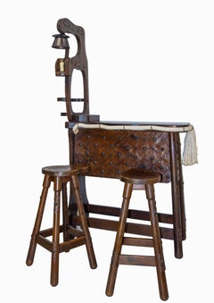 French Vintage Dry Bar Counter Spanish Style Pine Rope & Studs Two Stools c 1960