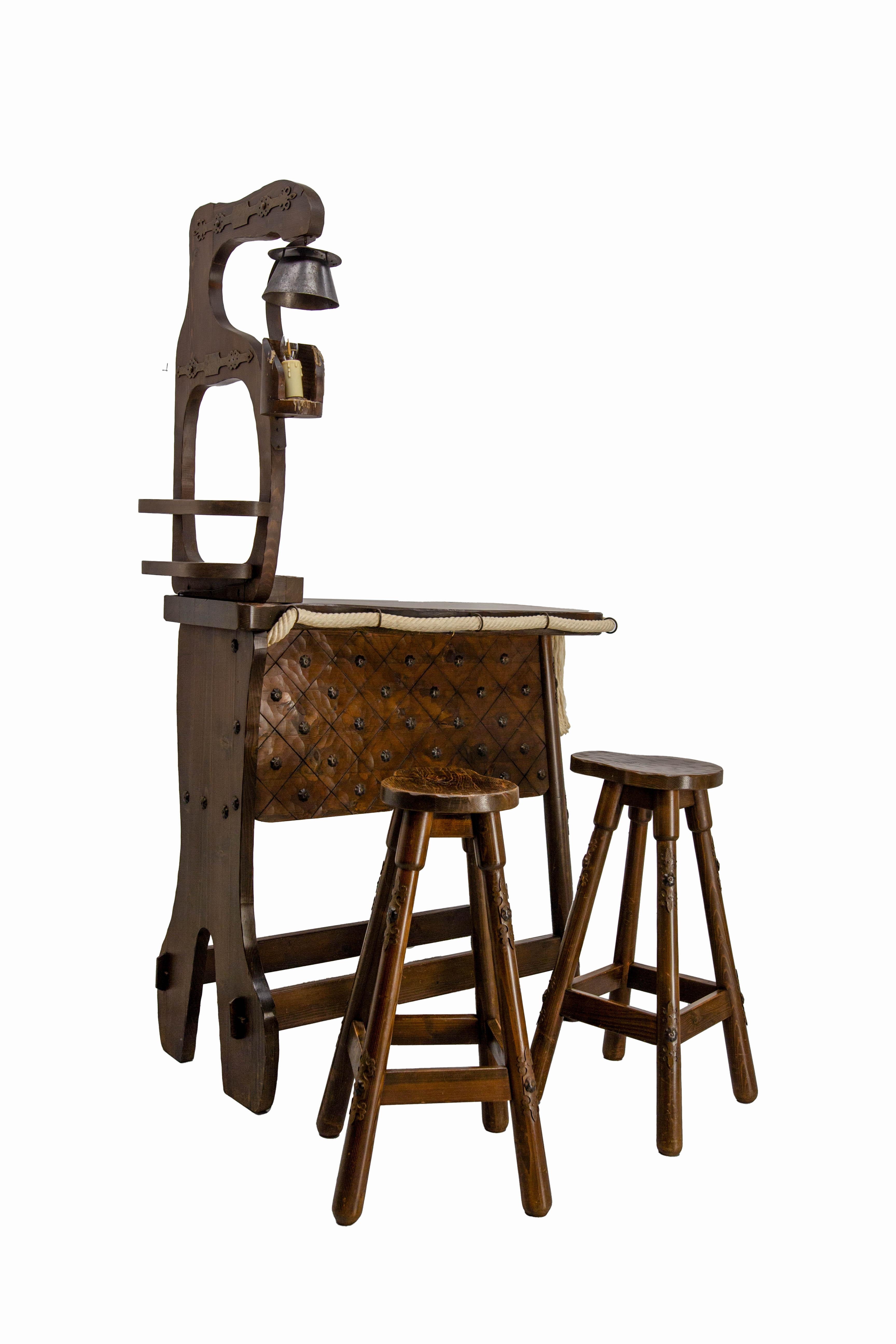 Mid-Century Modern French Vintage Dry Bar Counter Spanish Style Pine Rope & Studs Two Stools c 1960 For Sale