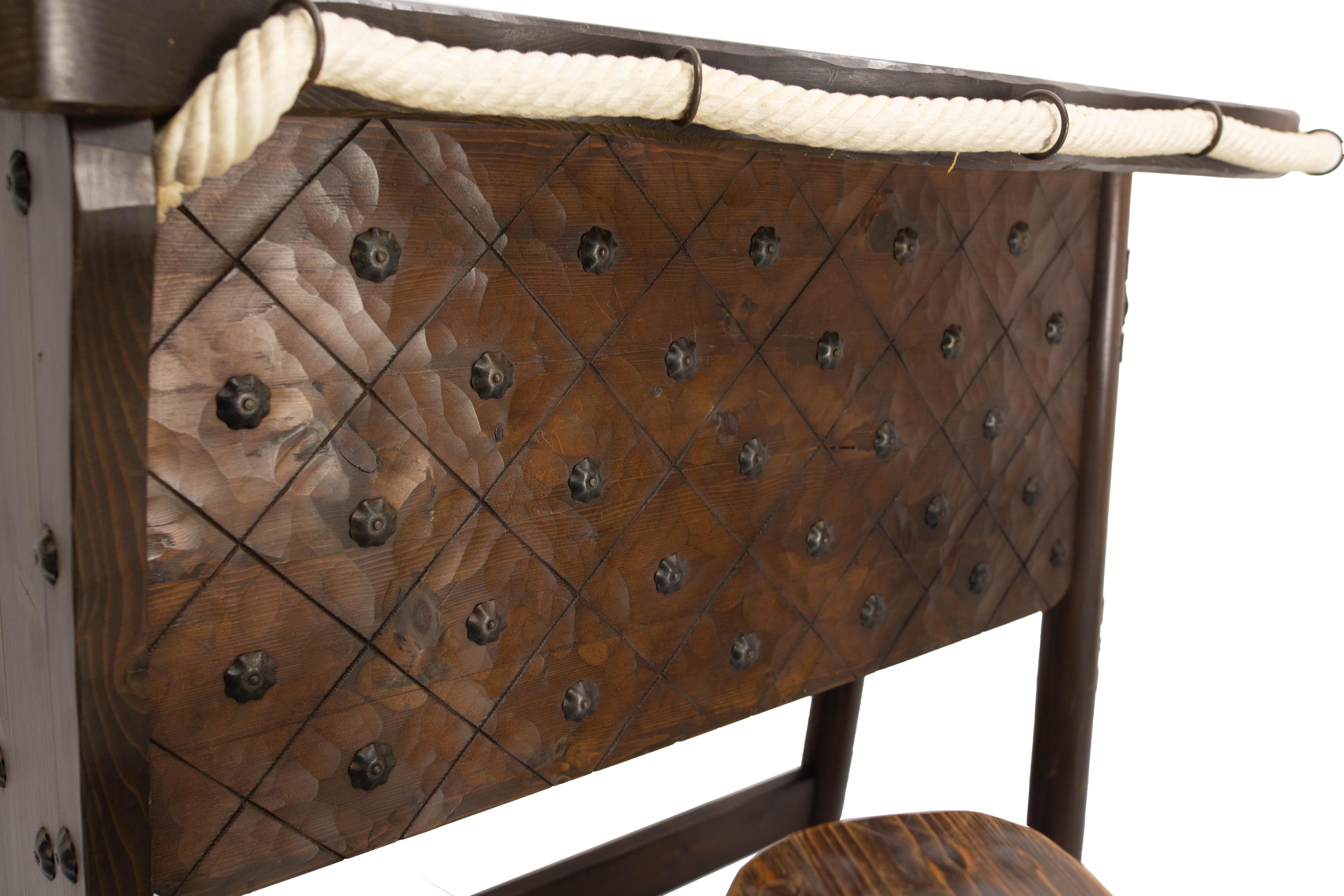 French Vintage Dry Bar Counter Spanish Style Pine Rope & Studs Two Stools c 1960 For Sale 4
