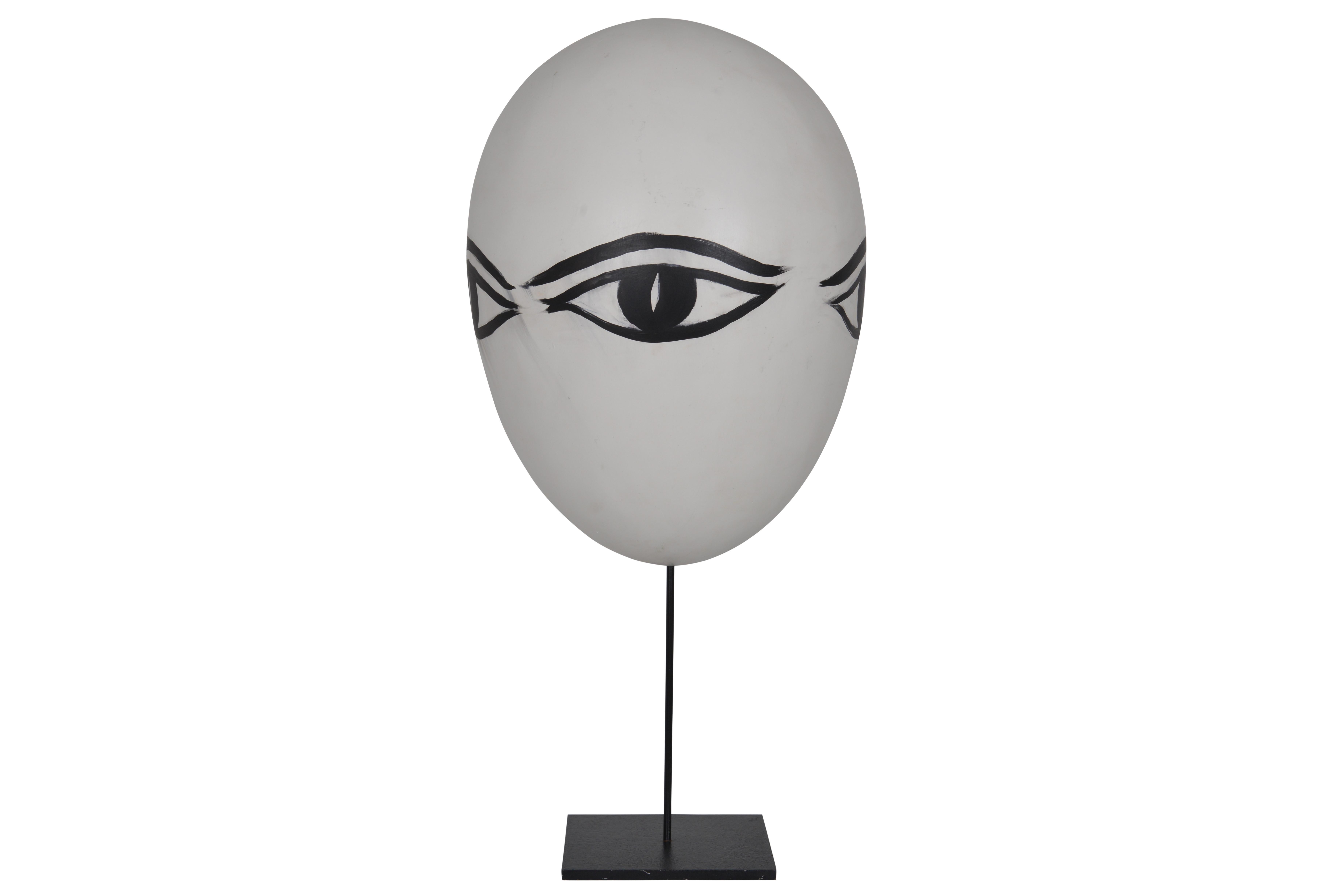 Quirky oversized egg-shaped object with 3 big painted black eyelined eyes. Signed Lorieux.