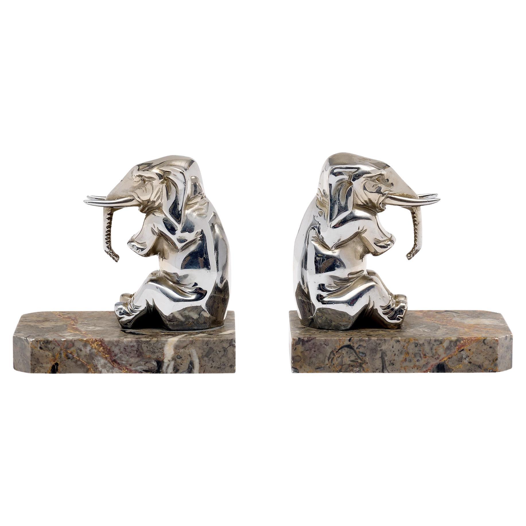 French Art Deco Elephant Bookends, Gray Marble & Silver Plated, 1930
