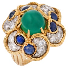 French vintage emerald sapphire diamond 18k yellow gold cocktail ring