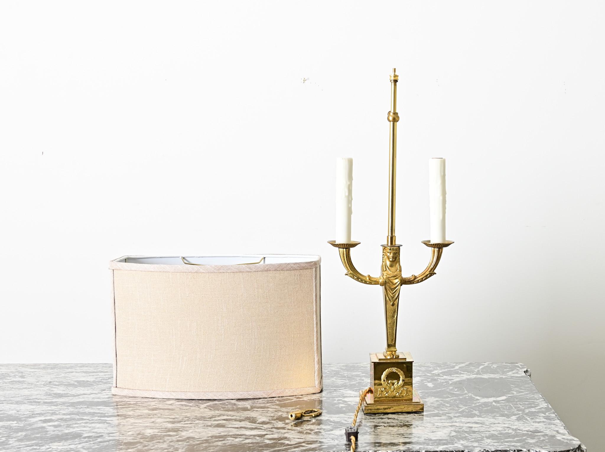 French Vintage Empire Brass Double Arm Table Lamp For Sale 3