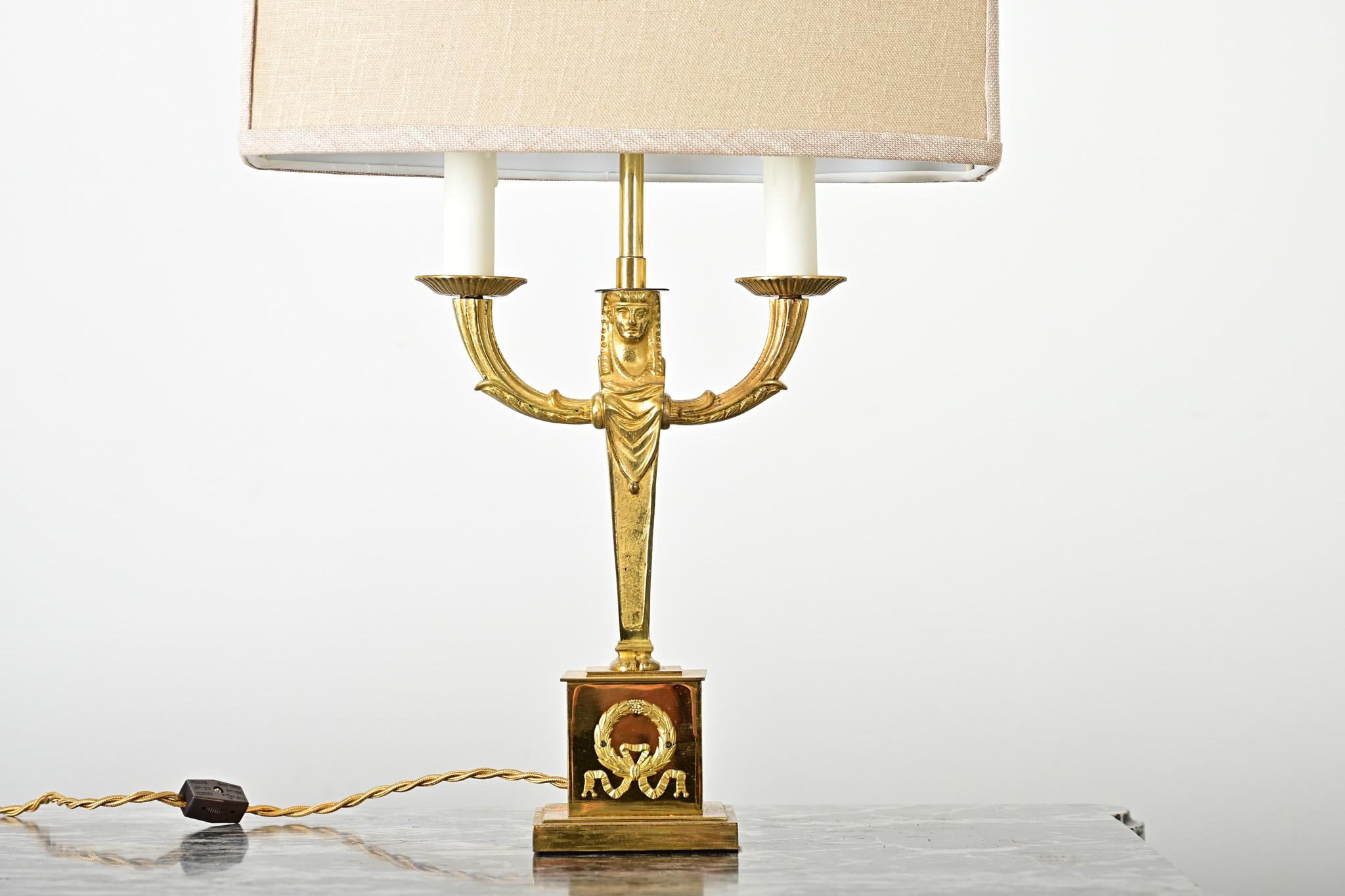 Egyptian Revival French Vintage Empire Brass Double Arm Table Lamp For Sale