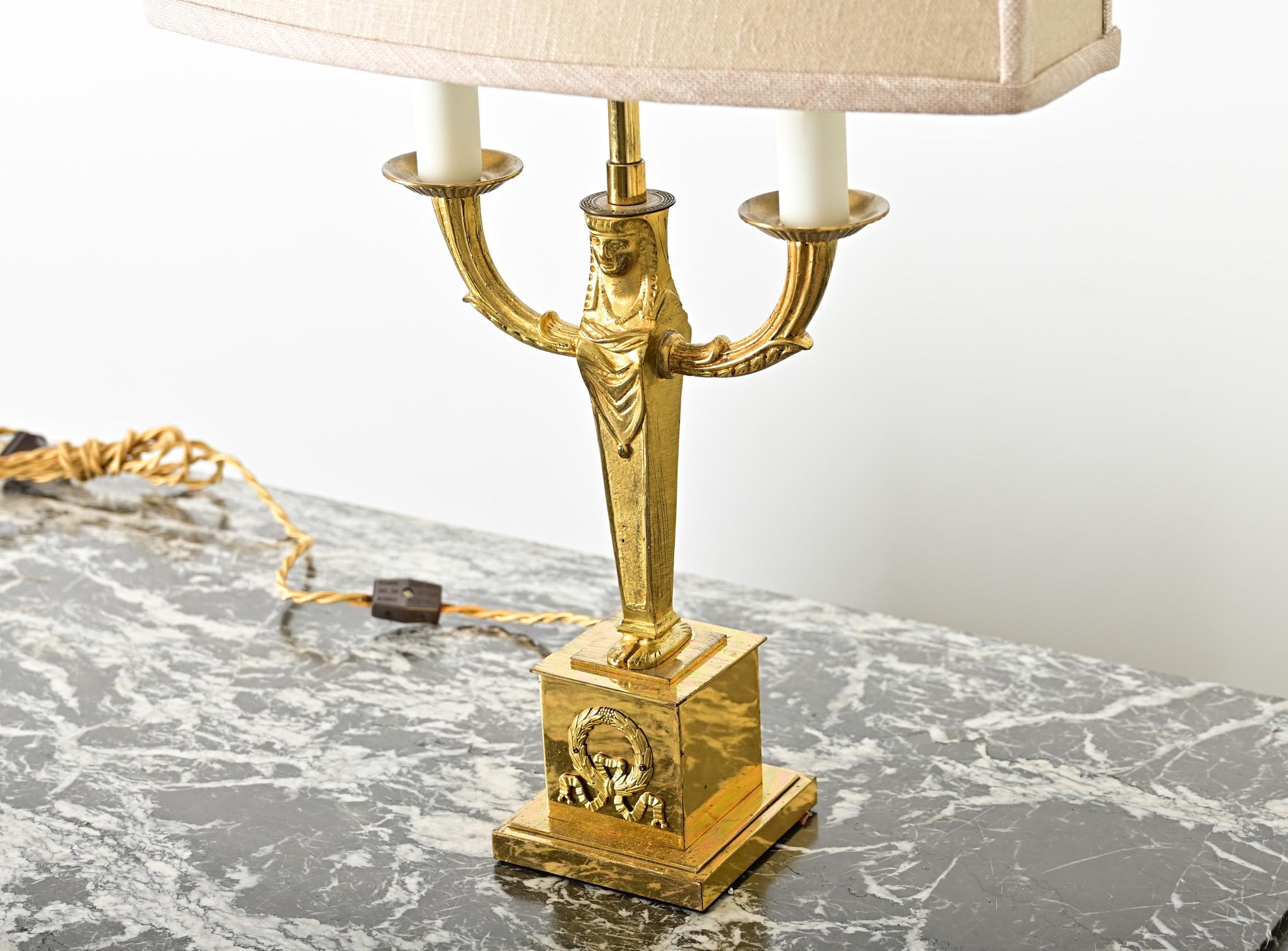 Cast French Vintage Empire Brass Double Arm Table Lamp For Sale