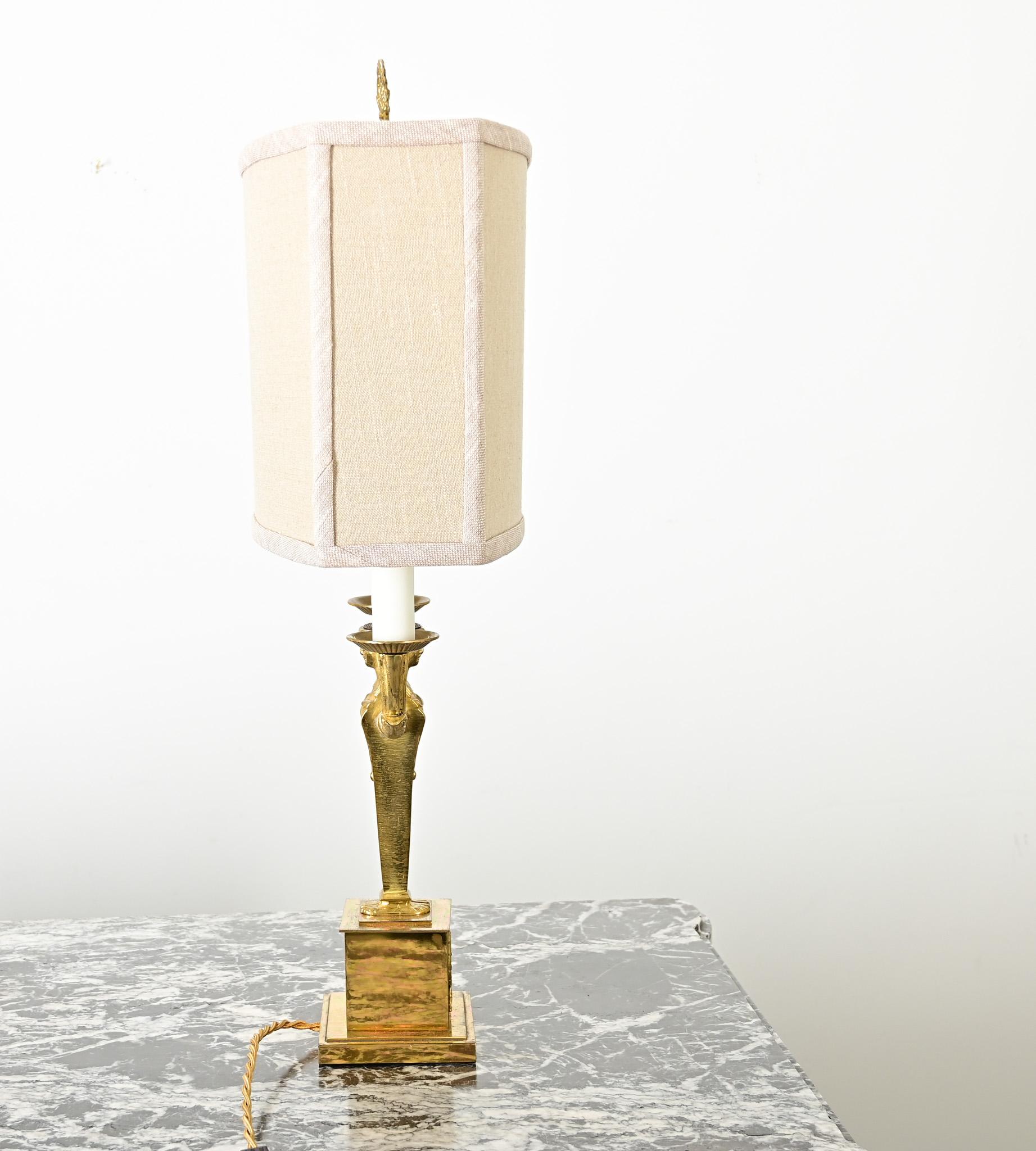 20th Century French Vintage Empire Brass Double Arm Table Lamp For Sale