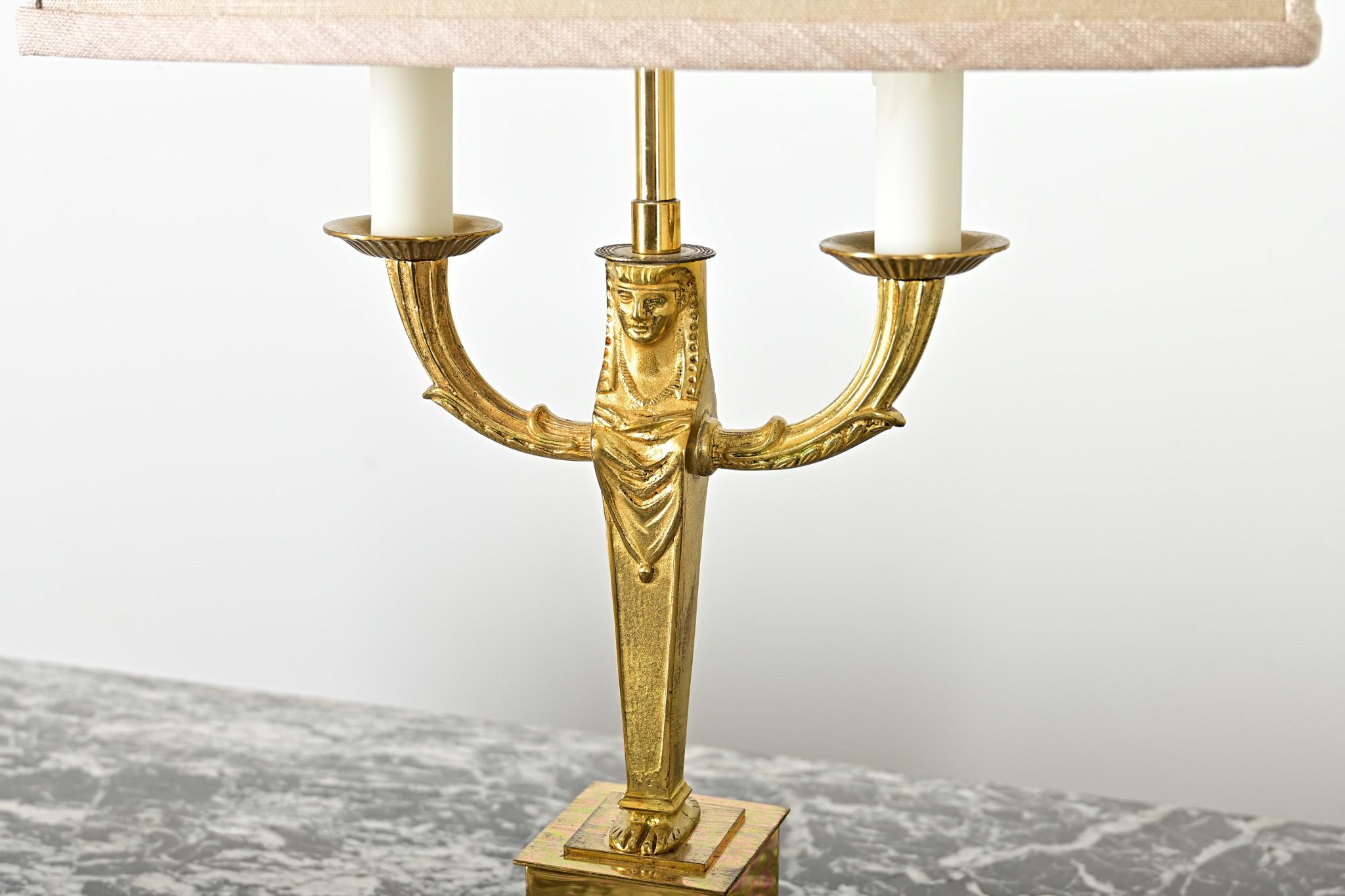 Linen French Vintage Empire Brass Double Arm Table Lamp For Sale