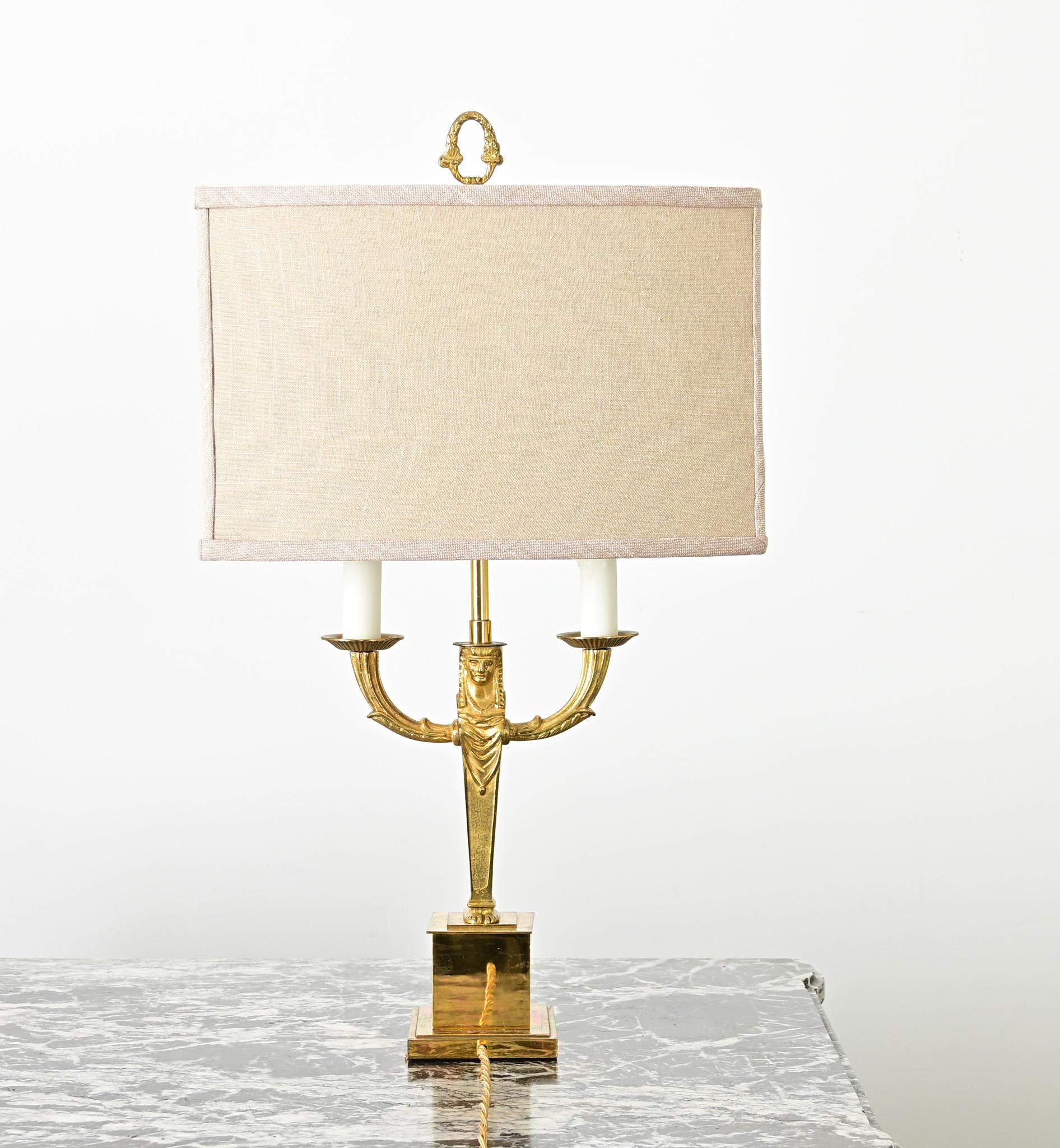 French Vintage Empire Brass Double Arm Table Lamp For Sale 1