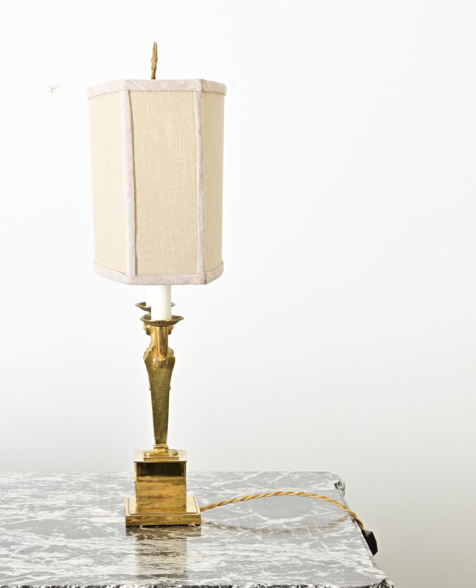 French Vintage Empire Brass Double Arm Table Lamp For Sale 2