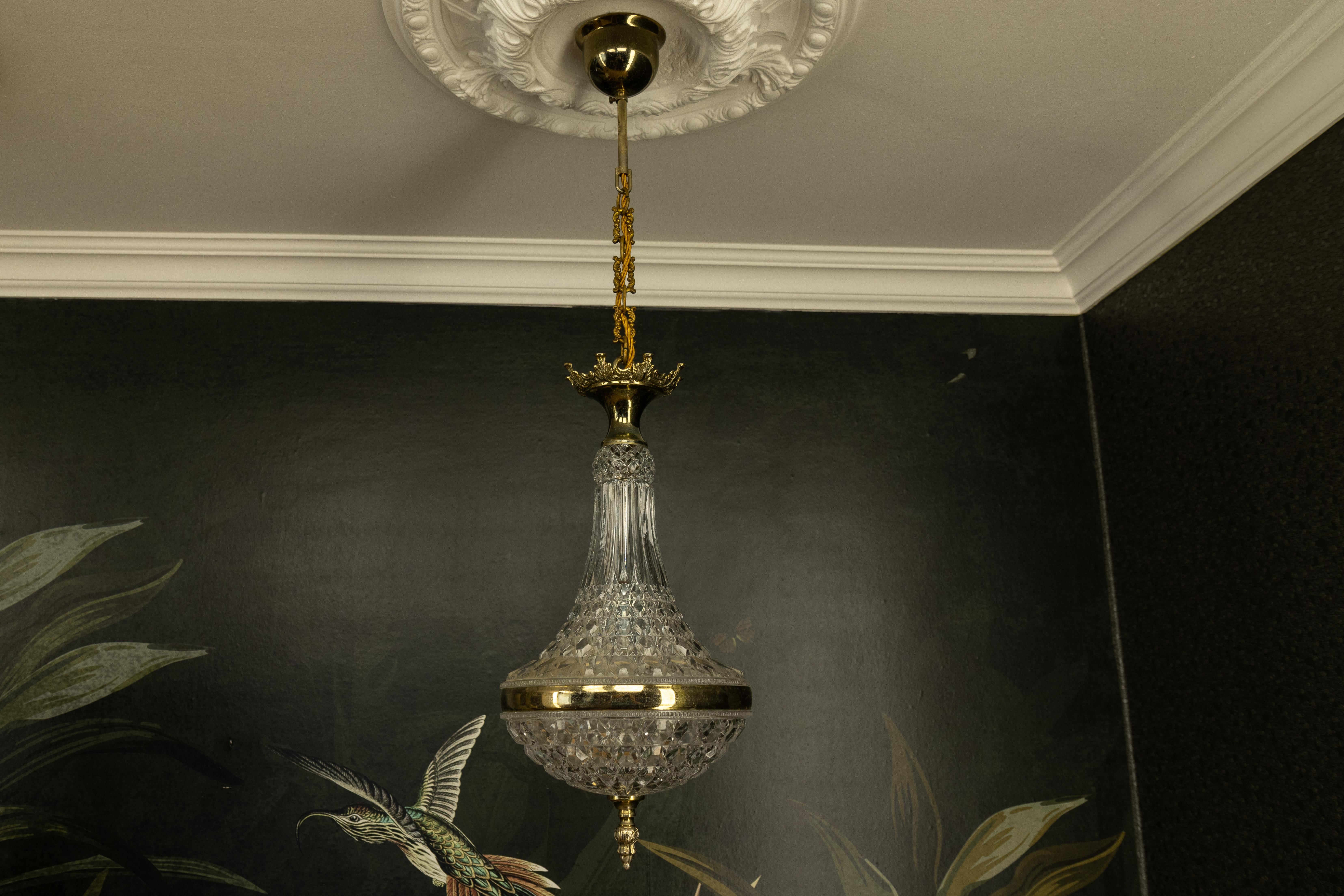 French Vintage Empire Style Crystal Basket Pendant Chandelier in Brass and Glass For Sale 6