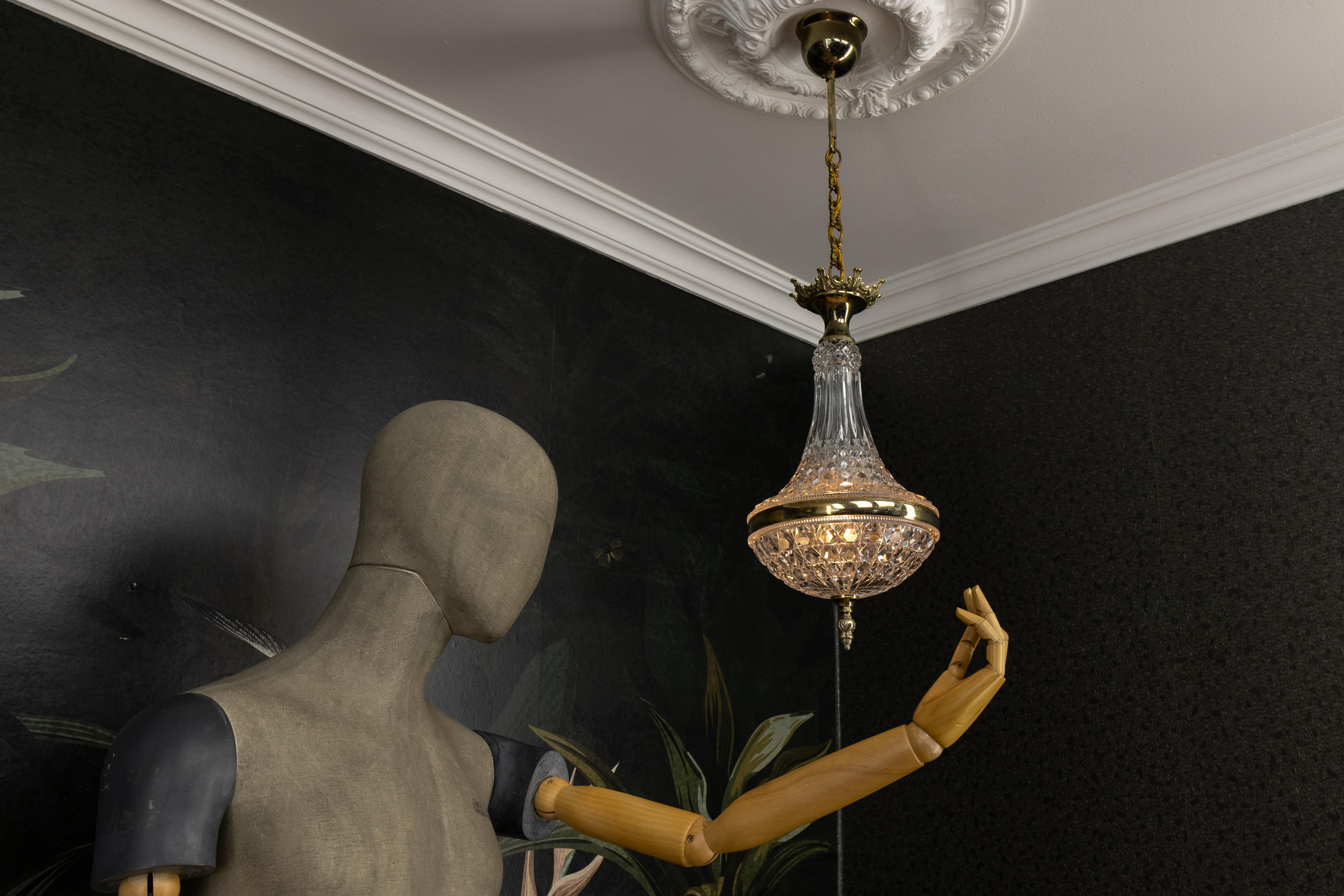 French Vintage Empire Style Crystal Basket Pendant Chandelier in Brass and Glass For Sale 7