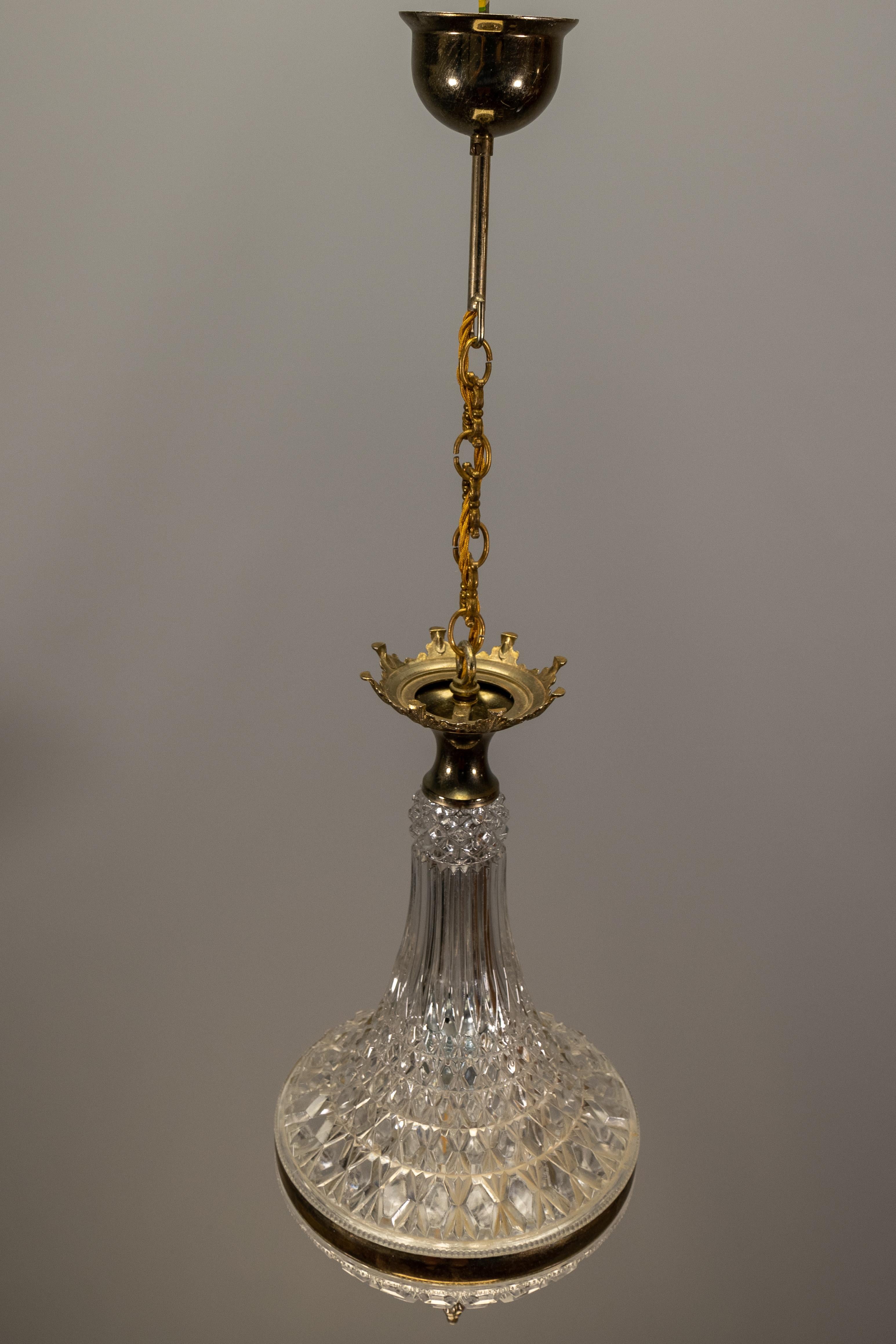 French Vintage Empire Style Crystal Basket Pendant Chandelier in Brass and Glass For Sale 14