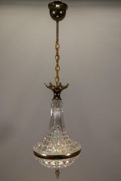 French Vintage Empire Style Crystal Basket Pendant Chandelier in Brass and Glass