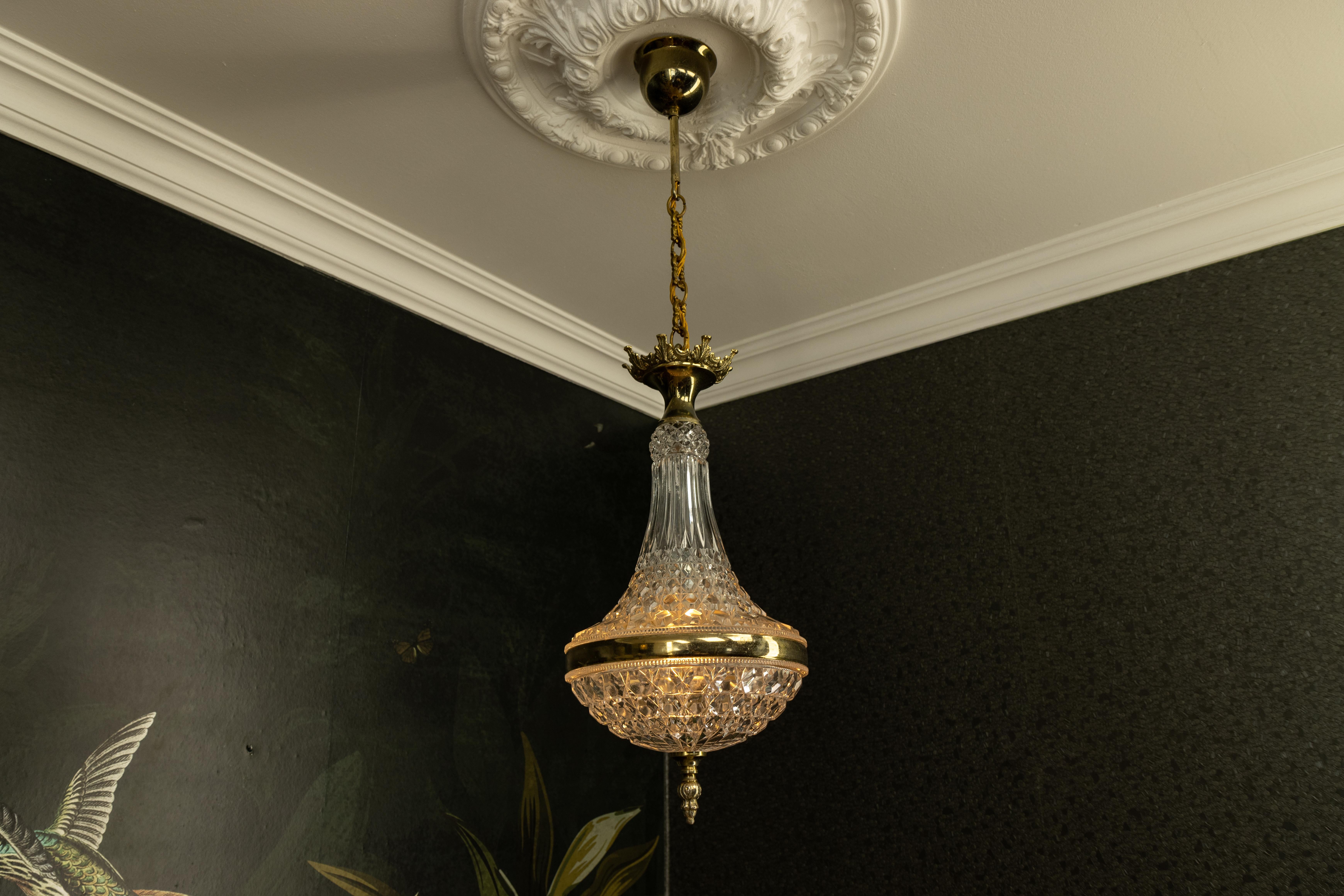 Metal French Vintage Empire Style Crystal Basket Pendant Chandelier in Brass and Glass For Sale