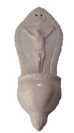 French Vintage Faience Crucifix Holy Water Font Faience circa 1960