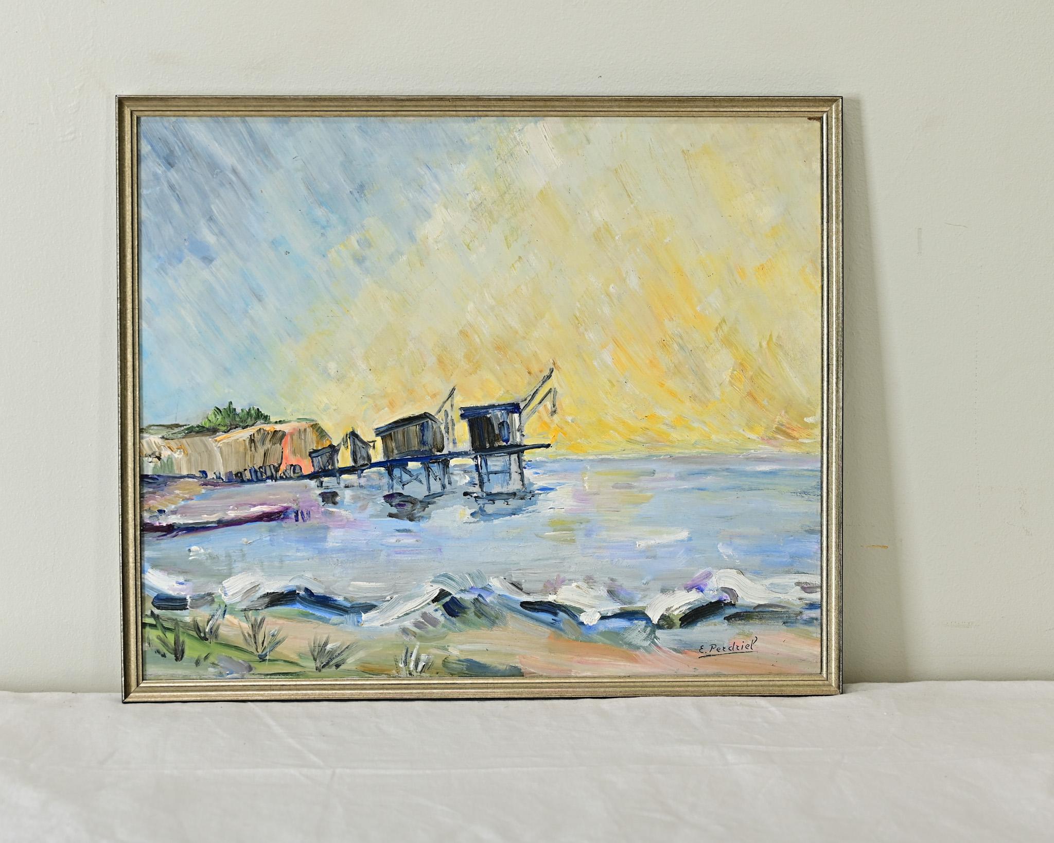 French vintage oil on panel seashore landscape, signed E. Perdriel. This colorful work depicts a rising sun on the horizon, greeting a small fishing community of modest shacks on a pier. Shifting tides are painted in white crests with streaks of