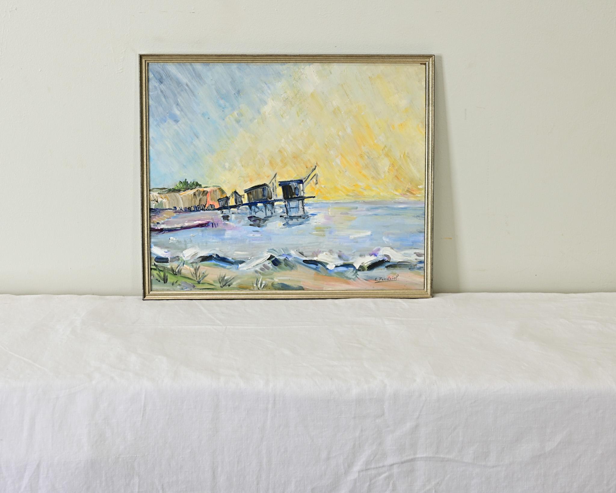 Modern French Vintage Fishing Camp Oil Painting For Sale