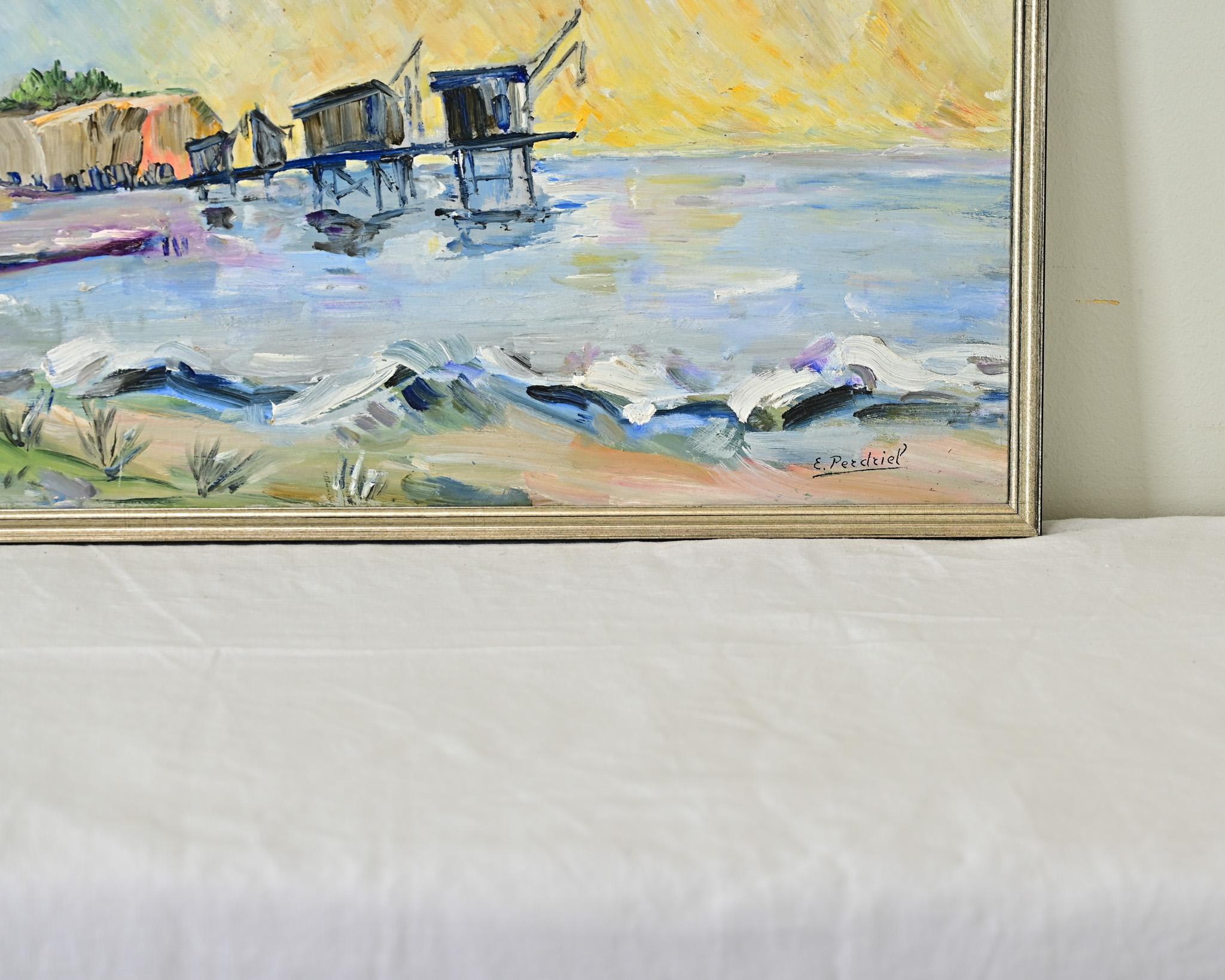 Painted French Vintage Fishing Camp Oil Painting For Sale