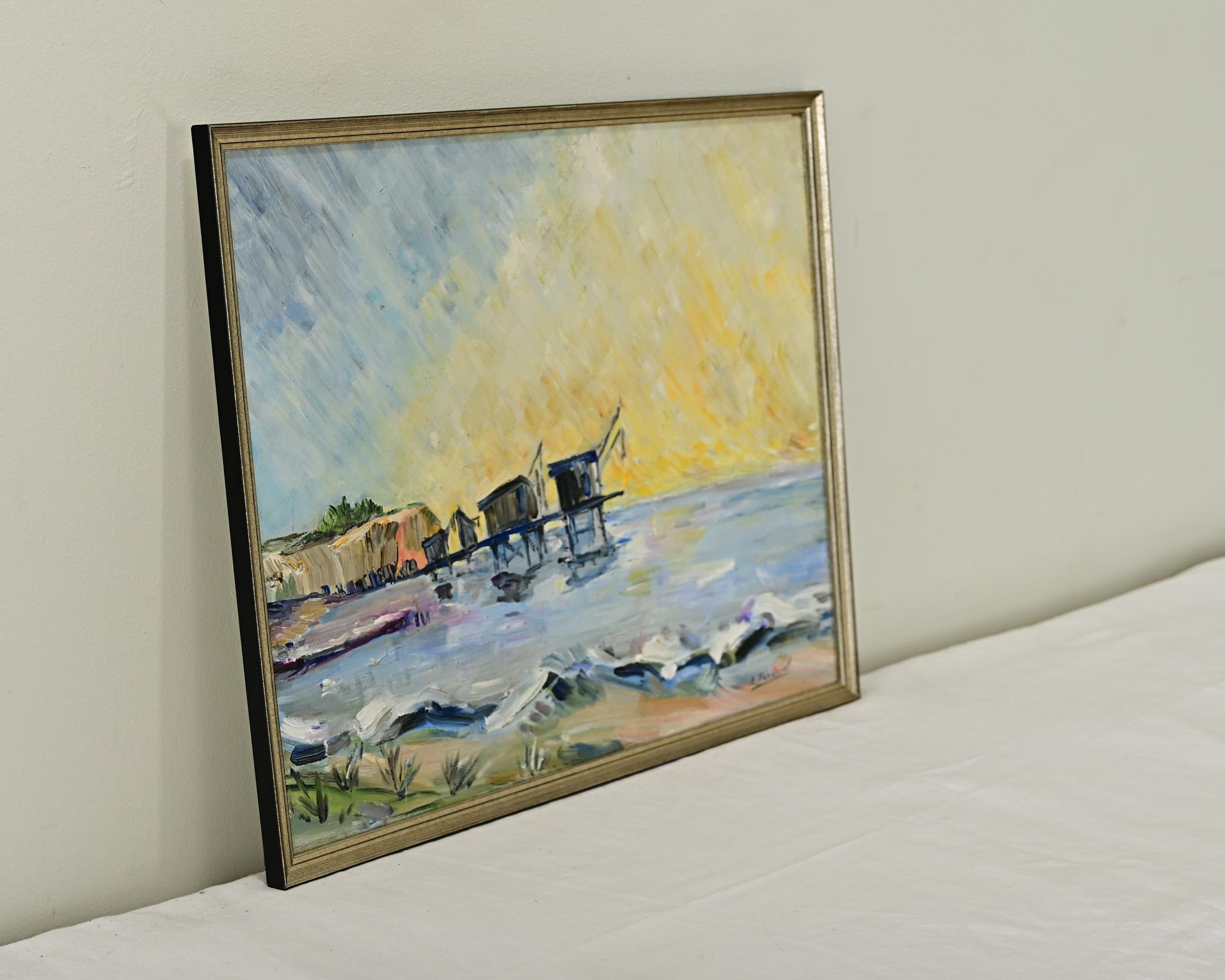 French Vintage Fishing Camp Oil Painting In Good Condition For Sale In Baton Rouge, LA
