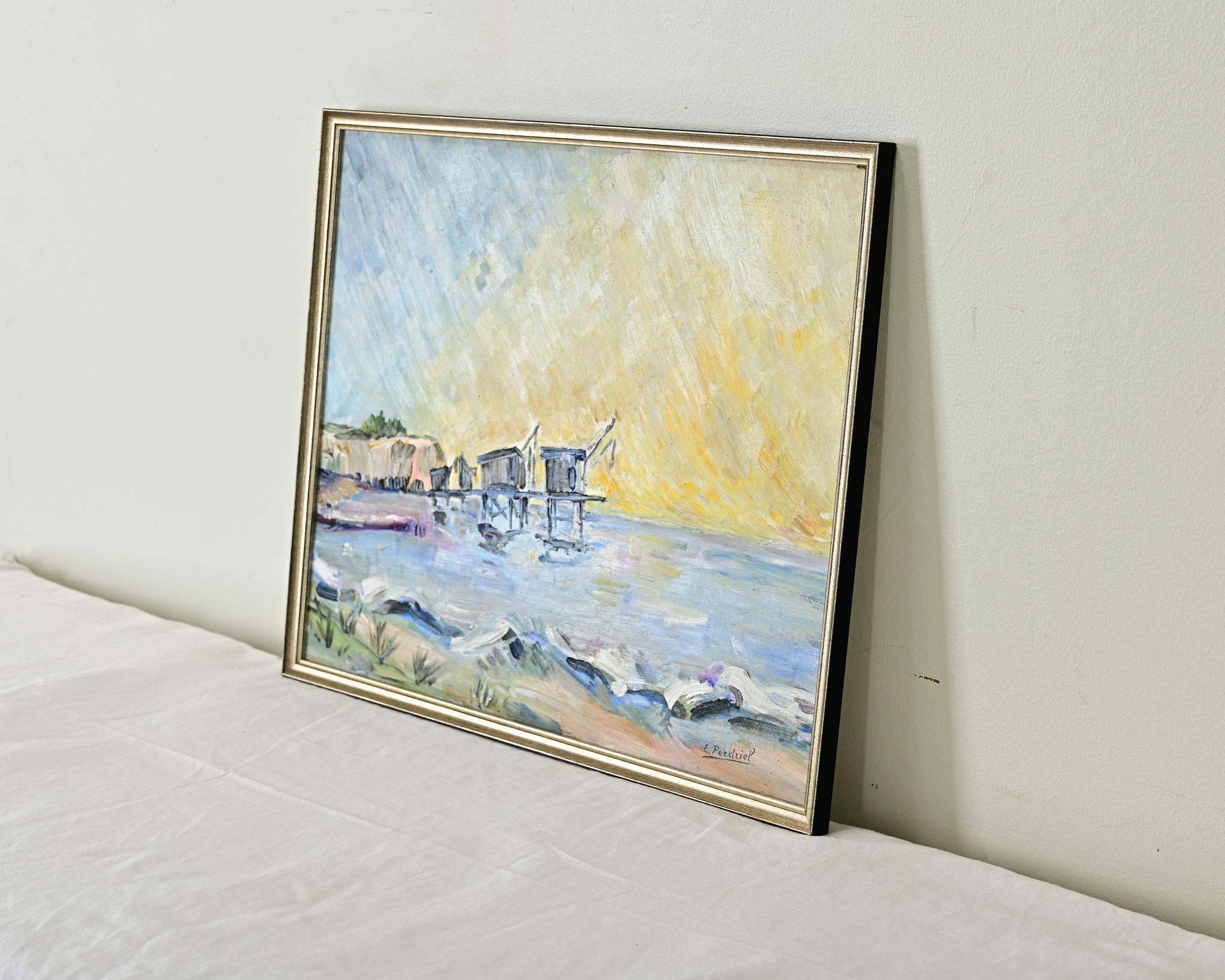 20th Century French Vintage Fishing Camp Oil Painting For Sale