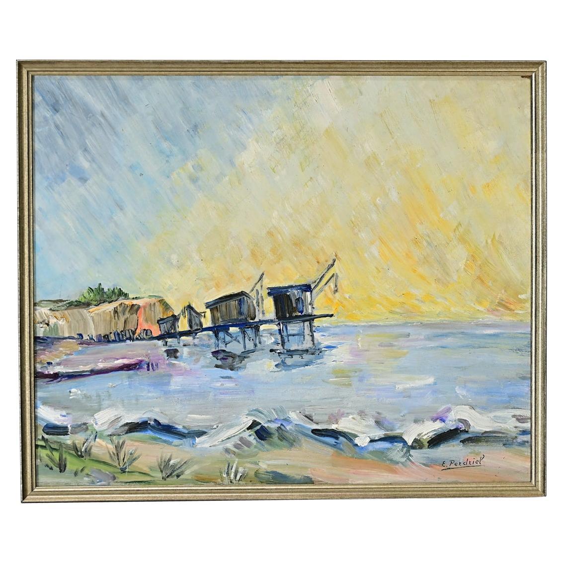 Pittura ad olio francese vintage su un campo di pesca