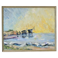 Pittura ad olio francese vintage su un campo di pesca