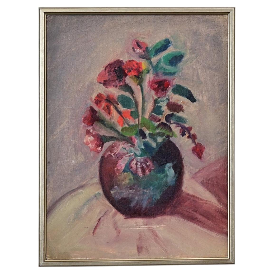 Französisches Vintage-Ölgemälde mit Blumenstillleben aus der Mitte des 20. Jahrhunderts