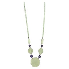 French Vintage flower necklace, green jade, glass beads and aged steel