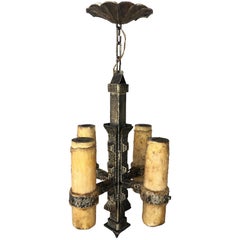 French Vintage Four-Light Gilt Iron Light Fixture with Large Wax Candles