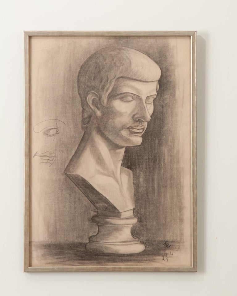French Vintage Framed Charcoal Bust Sketch For Sale at 1stDibs
