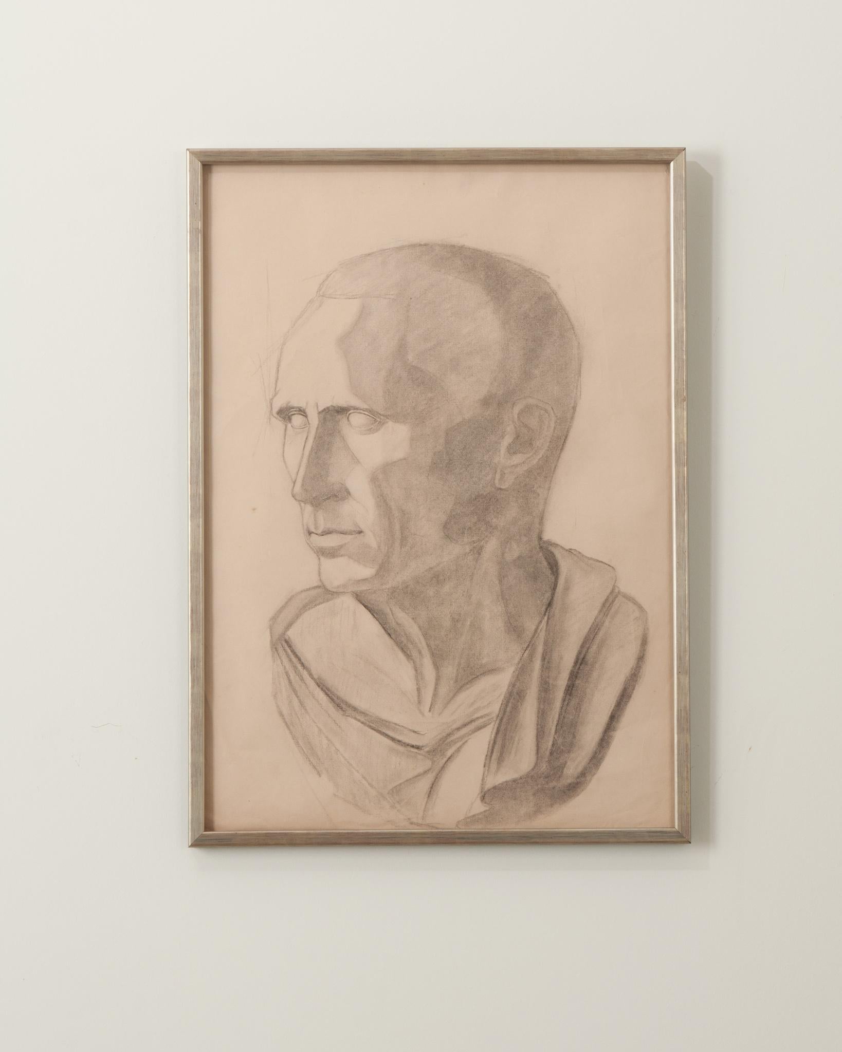 Elevate any space with this refined hand-drawn work of art. Done with charcoal on paper- this is an excerpt from a student’s sketchbook from the mid 20th century. Purchased in France, it has been recently professionally framed in a quality metallic