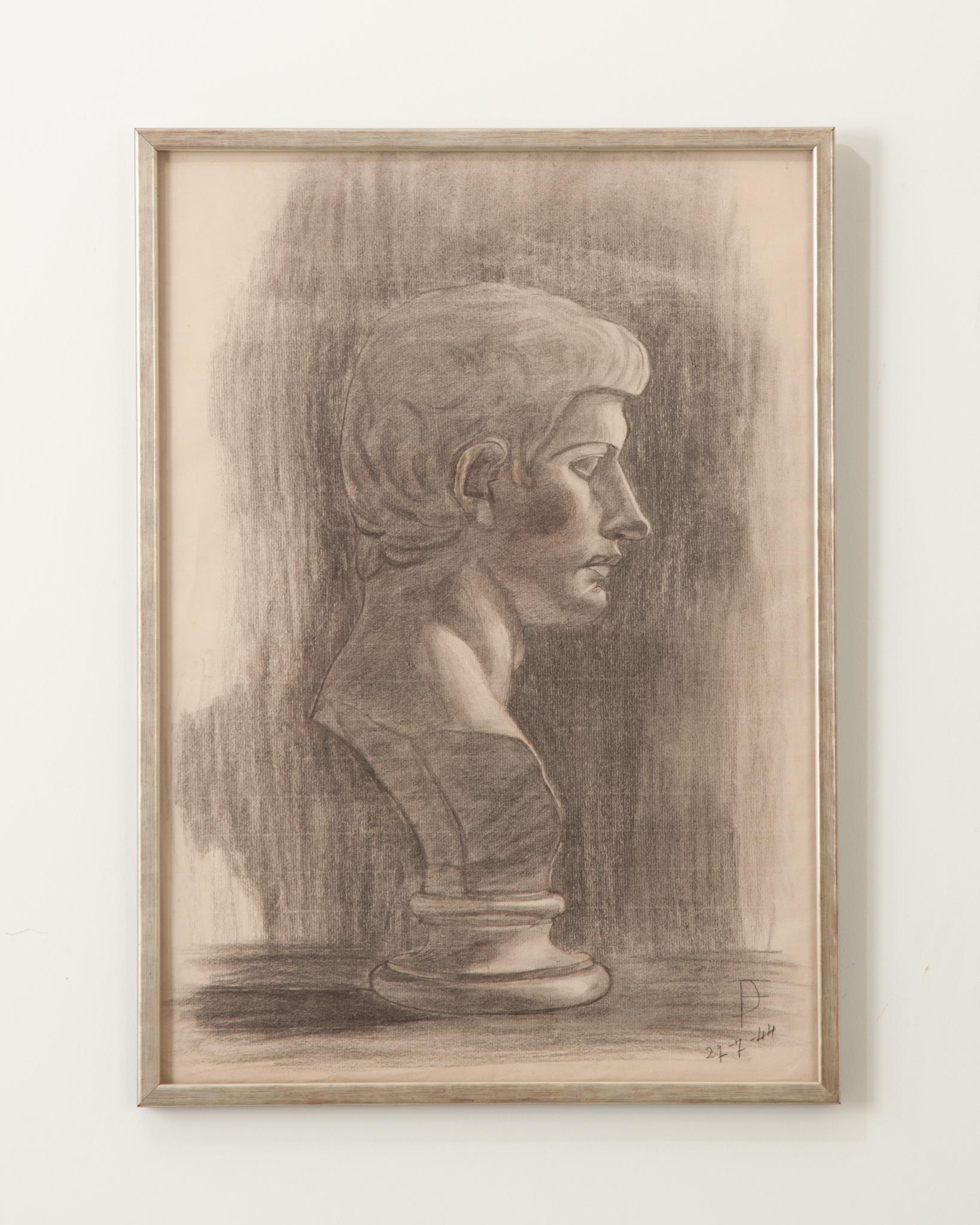 Elevate any space with this refined hand-drawn work of art. Done with charcoal on paper- this is an excerpt from a student’s sketchbook from the mid 20th century. The artist's initials and date can be found in the bottom right hand corner. Purchased