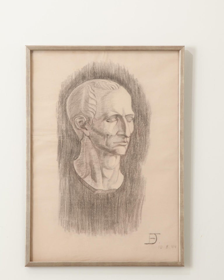 French Vintage Framed Charcoal Bust Sketch For Sale at 1stDibs