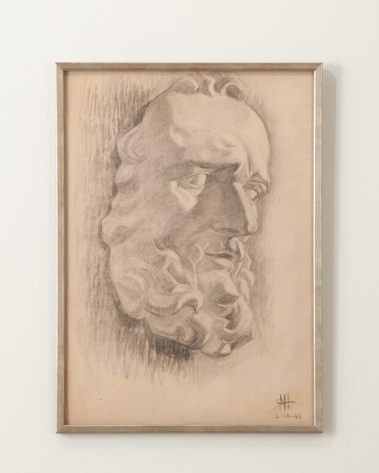 French Vintage Framed Charcoal Bust Sketch For Sale at 1stDibs