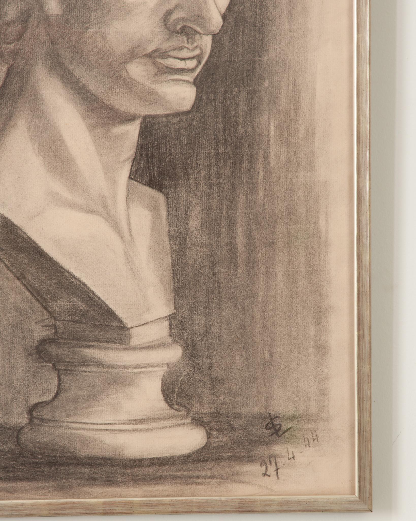 Other French Vintage Framed Charcoal Bust Sketch For Sale